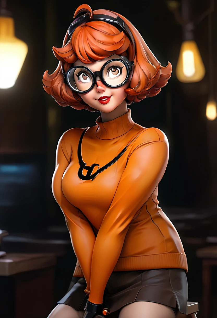 masterpiece,best quality, highly detailed, score_9, score_8_up, score_7_up, score_6_up,source anime,BREAK
 velma,1girl, glasses, solo, breasts, brown hair, latex black, brown eyes, short hair, freckles, (( huge large breasts)), lips, smile, turtleneck sweater, orange sweater, looking at viewer, bangs, parted lips, ((glowing cyberpunk goggles)), full body 