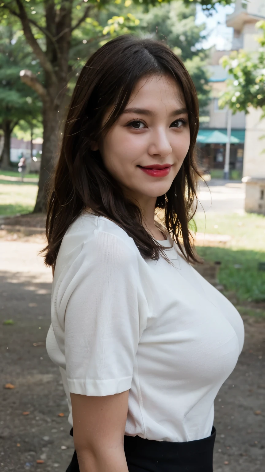 Standing in the park, Wrinkles around the eyes, Smiling with teeth showing, Plain short-sleeved clothing, senior citizen, Draw lips correctly, Red lipstick, No discomfort, 16K, Highest quality, Very detailed, Realistic, Very detailed肌, (Japanese), (alone), 60 years old, Large Breasts, , Glamour, sexy, Chromo White Skin, Staring straight ahead,