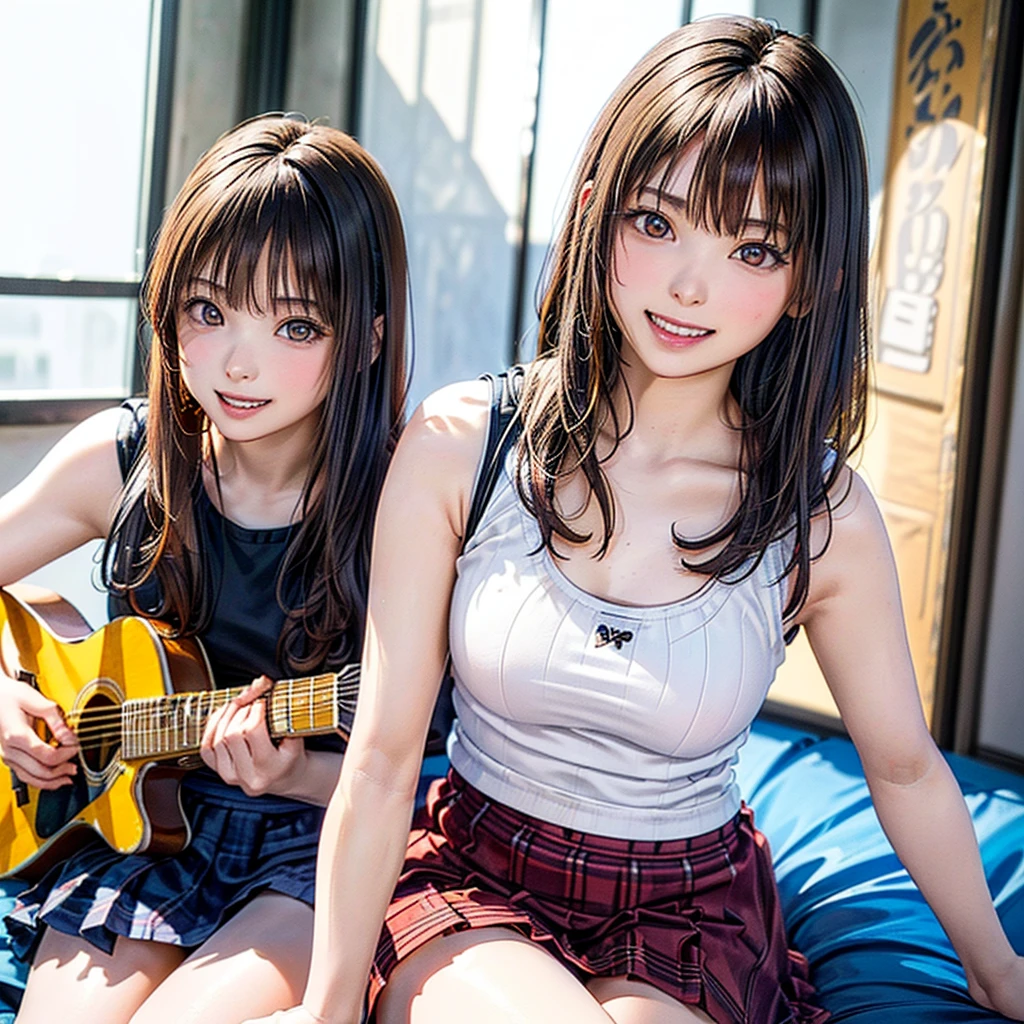 (Highest quality、8k、32K、masterpiece)、(Realistic)、(Realistic:1.2)、(High resolution)、Very detailed、Very beautiful face and eyes、(((Women's Solo Shot)))、Tight waist、(Highest quality、Attention to detail、Rich skin detail)、(Highest quality、8k、Oil paints:1.2)、(Realistic、Realistic:1.37)、Bright colors、(((Cowboy Shot)))、(((Bob Hair)))、(((Medium Hair)))、(((He has a happy face.)))、((smile))、(((Brown Hair)))、((Collared short-sleeved shirt, plaid tank top, Red and white tank top、Red and white checked tank top、Black pleated skirt, mini skirt), )、(((Large crowd)))、(((Band performance)))、(((Inside the live house)))、(((Teeth are visible)))、(((She is a guitarist)))、((Waiting for the guitar))、(((Playing guitar)))