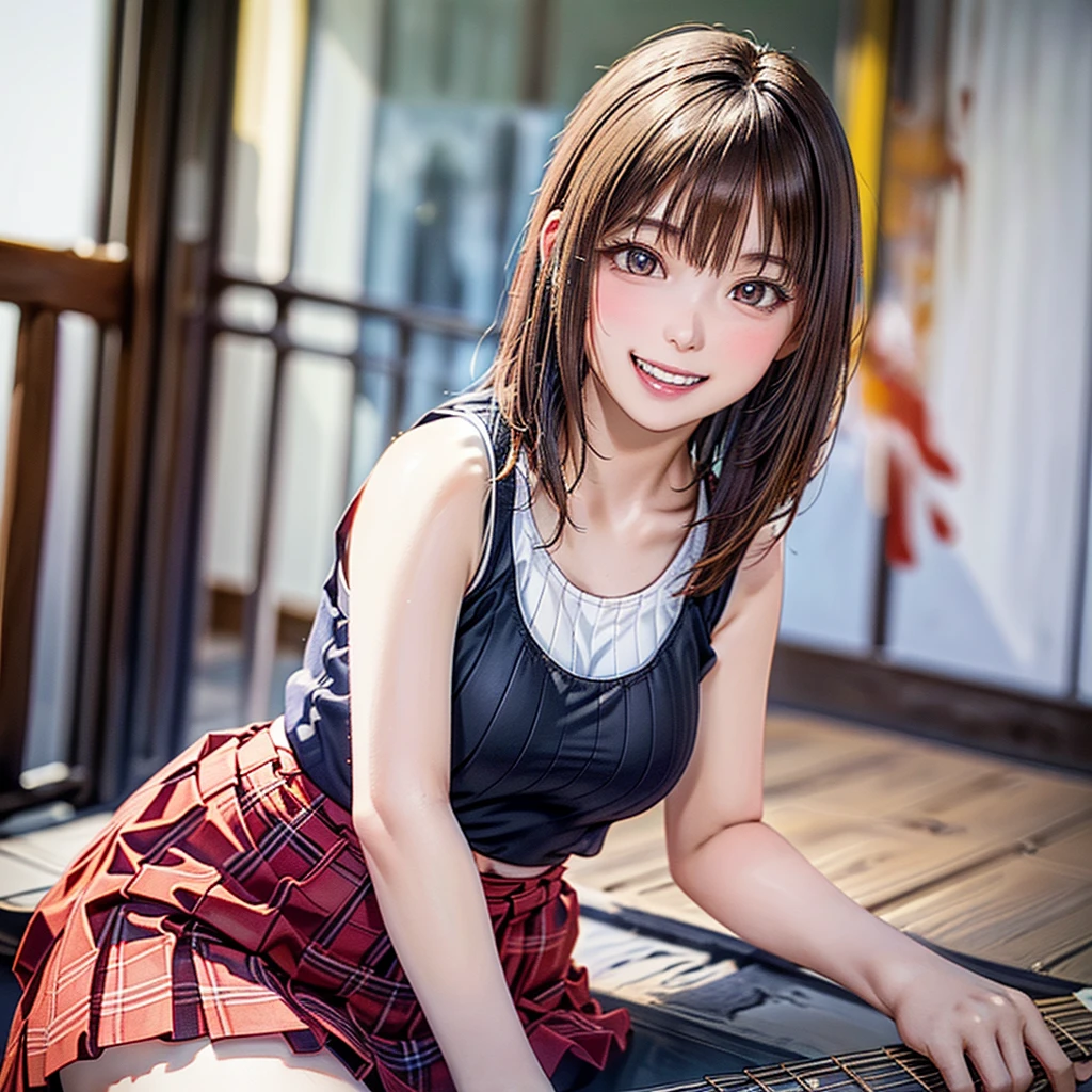 (Highest quality、8k、32K、masterpiece)、(Realistic)、(Realistic:1.2)、(High resolution)、Very detailed、Very beautiful face and eyes、(((Women's Solo Shot)))、Tight waist、(Highest quality、Attention to detail、Rich skin detail)、(Highest quality、8k、Oil paints:1.2)、(Realistic、Realistic:1.37)、Bright colors、(((Cowboy Shot)))、(((Bob Hair)))、(((Medium Hair)))、(((He has a happy face.)))、((smile))、(((Brown Hair)))、((Collared short-sleeved shirt, plaid tank top, Red and white tank top、Red and white checked tank top、Black pleated skirt, mini skirt), )、(((Large crowd)))、(((Band performance)))、(((Inside the live house)))、(((Teeth are visible)))、(((She is a guitarist)))、((Waiting for the guitar))、(((Playing guitar)))