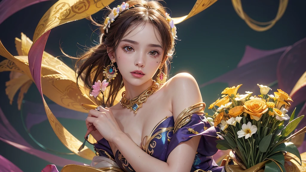 32K, 最高quality, 最高masterpiece, (ultra-Detailed Background, Detailed Background), Absurd, High resolution, Super detailed, Very detailedな, One girl, (bouquet:1.3), (Tangled:1.2), (Geometric:1.2),(colorful),(masterpiece, quality, best quality, Official Art, Beautiful and beautiful:1.2), (1 girl:1.3), Very detailed,(colorful:1.1)(Flowers:1.3),Most detailed,(Tangled:1.2), whole body, (Abstract background:1.3), (Skin glows), (Many colors:1.4), ,(Earrings Jewelry:1.5), Pale yellow background,