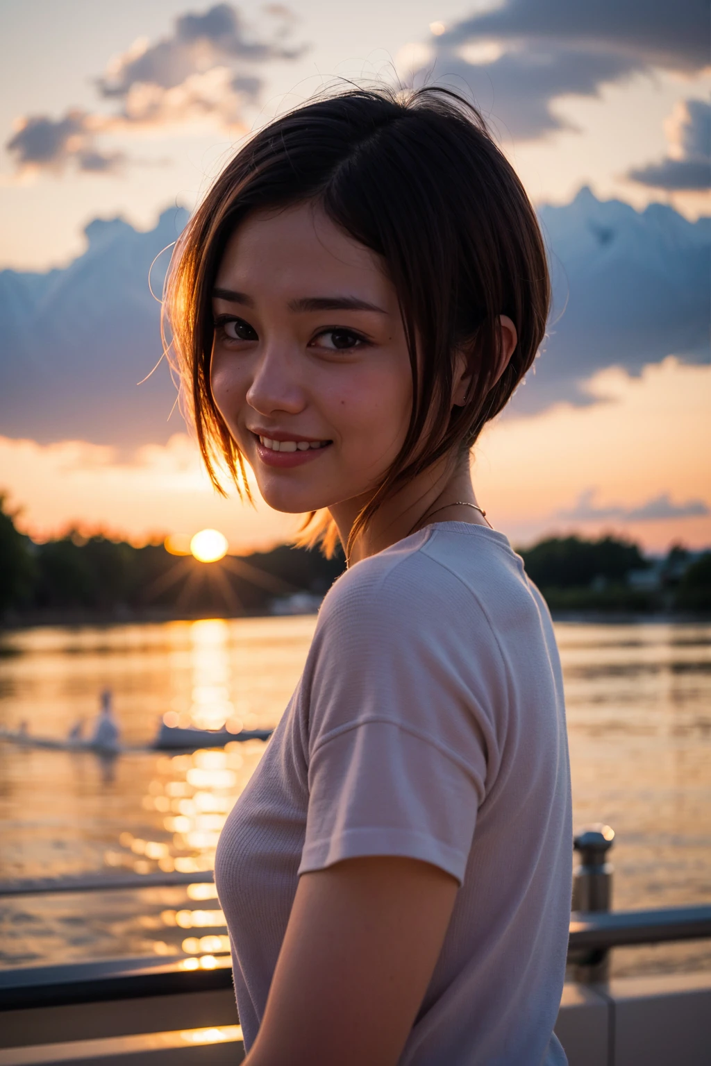 Top quality, 1 beautiful woman, pixie cut, shy smile, sunset