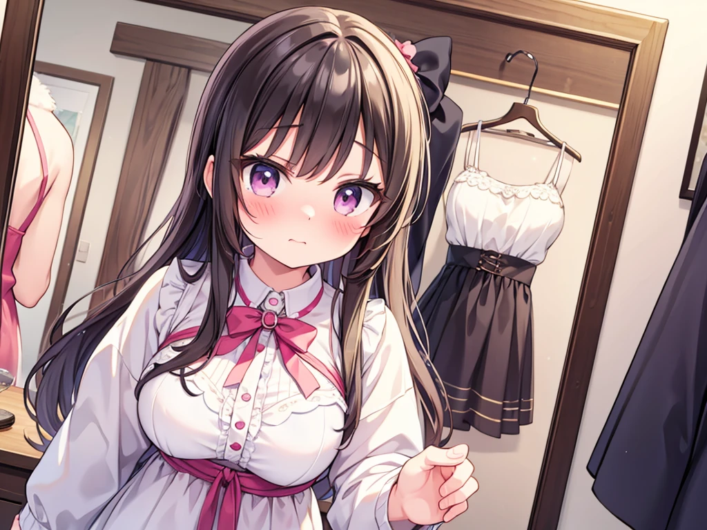 (best quality), (beautiful), (masterpiece)
1girl, kawaii, Embarrassed, medium breasts ,cute face, front view, long hair, Dressing room