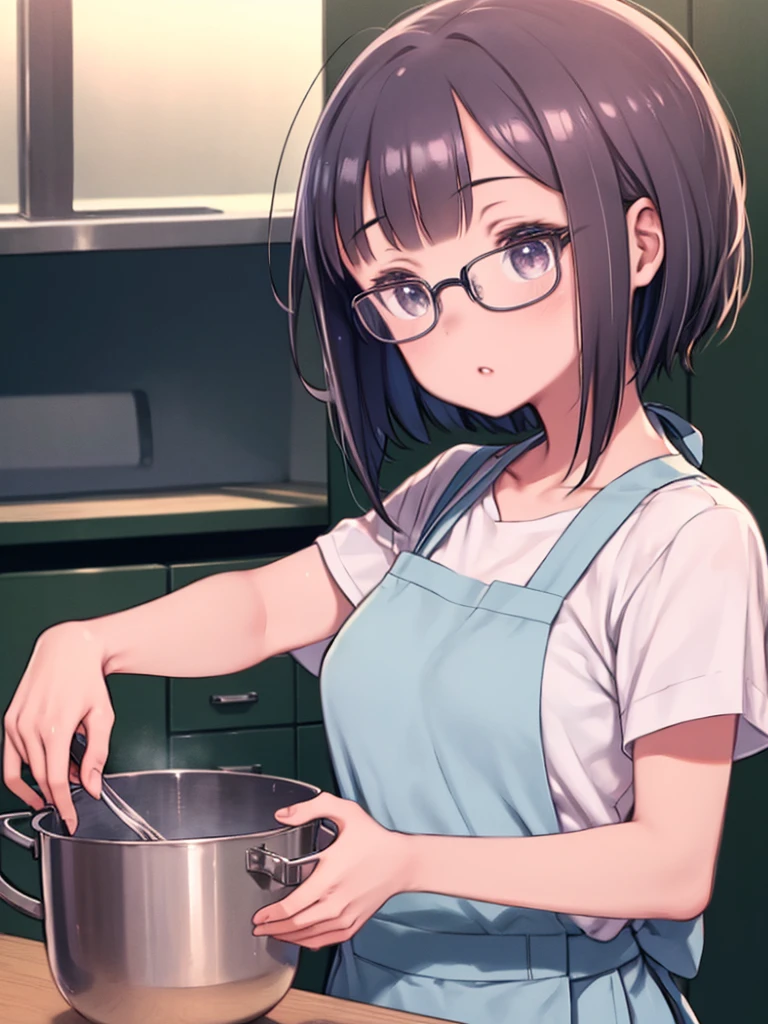 8k,(masterpiece:1.4)(Highest quality:1.4),(Highest quality),One girl,Kasumi_matsubara,Glasses,cooking,Short-sleeved apron,Inside the room,Upper Body,stand,Looking at the audience,Focus individually,(Shiny skin),