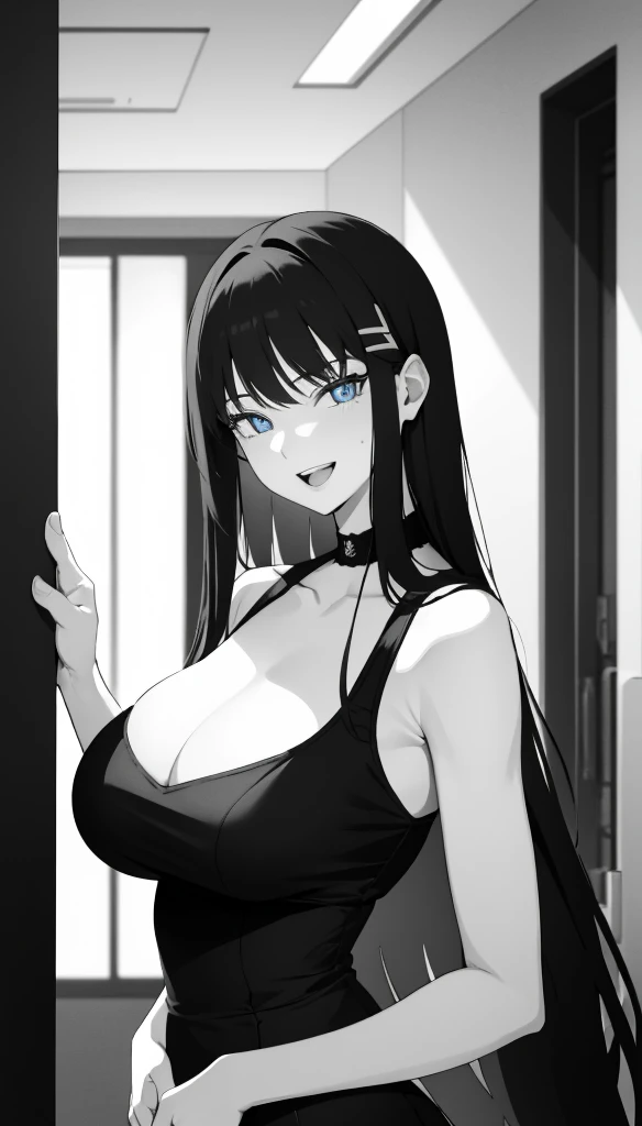 (masterpiece), (best quality), (ultra-detailed), ((girl, 29 years old)), an extremely delicate and beautiful, detailed eyes, minute details, (black hair, long hair, straight hair, hair between eyes), ((big breasts)), smile, open mouth, ((beautiful eyes)), (blue eyes), (upper body), she is wearing a blue dress, (detailed clothes), (detailed background, in a hospital, hospital hallway), (monochrome)