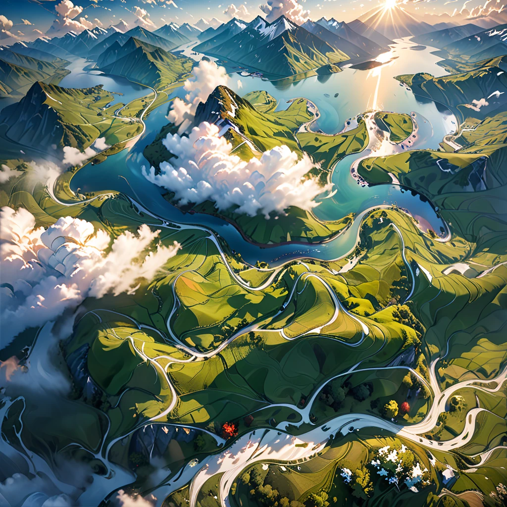Bird's-eye view flying 800 meters above the ground, From above the clouds looking down at (right angles1.2) onto the fields below, beautiful landscape, aerial photography, rolling hills, lush meadows, countryside, meandering river, snow-capped mountains, dramatic clouds, morning light shining in from an angle, natural dramatic lighting, cinematic composition, stunning vistas, breathtaking scenery, serene atmosphere, peaceful countryside, (highest quality, 4k, 8k, high resolution, masterpiece 1.2), ultra-detailed, (realistic, photorealistic, photorealistic 1.37), landscape photography, vibrant colors, natural light, detailed lighting, dramatic shadows, vibrant colors, fantasy, digital art, concept art
