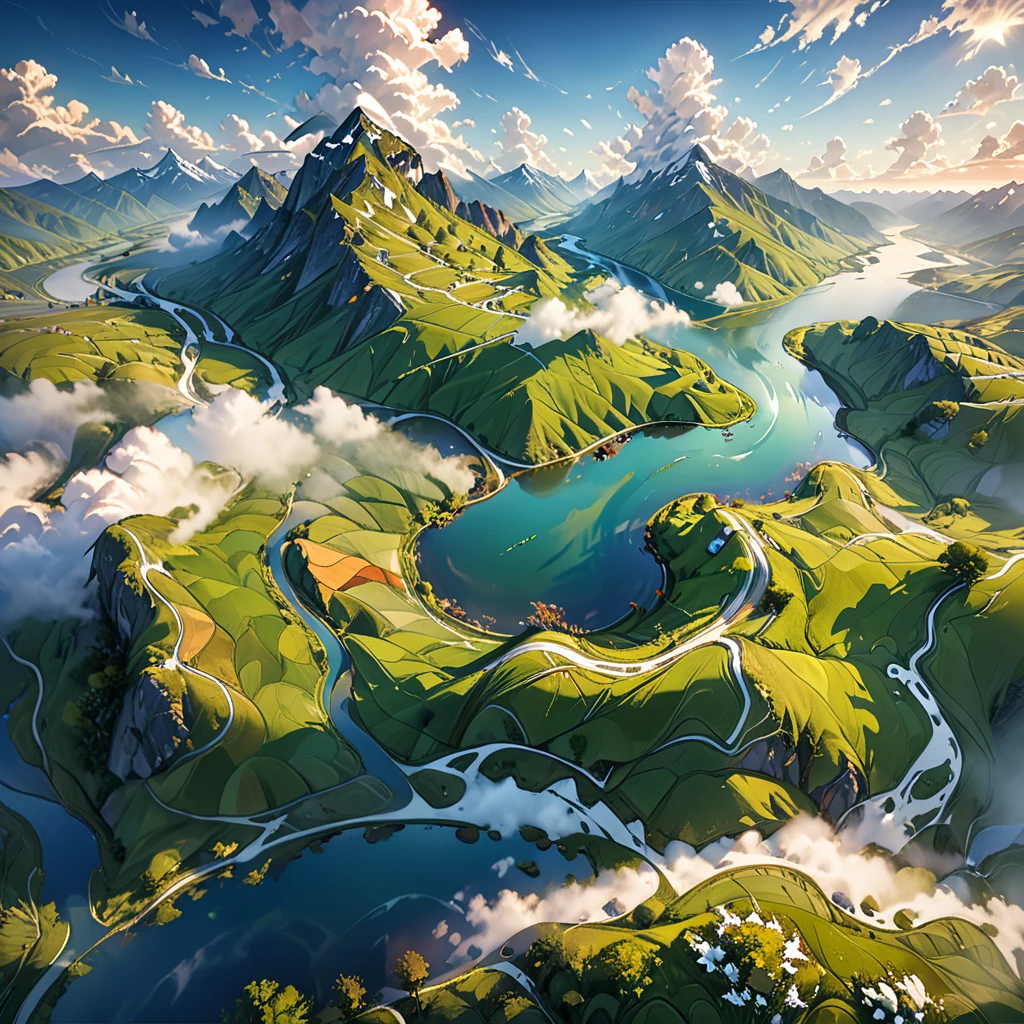 Bird's-eye view flying 800 meters above the ground, From above the clouds looking down at (right angles1.2) onto the fields below, beautiful landscape, aerial photography, rolling hills, lush meadows, countryside, meandering river, snow-capped mountains, dramatic clouds, morning light shining in from an angle, natural dramatic lighting, cinematic composition, stunning vistas, breathtaking scenery, serene atmosphere, peaceful countryside, (highest quality, 4k, 8k, high resolution, masterpiece 1.2), ultra-detailed, (realistic, photorealistic, photorealistic 1.37), landscape photography, vibrant colors, natural light, detailed lighting, dramatic shadows, vibrant colors, fantasy, digital art, concept art
