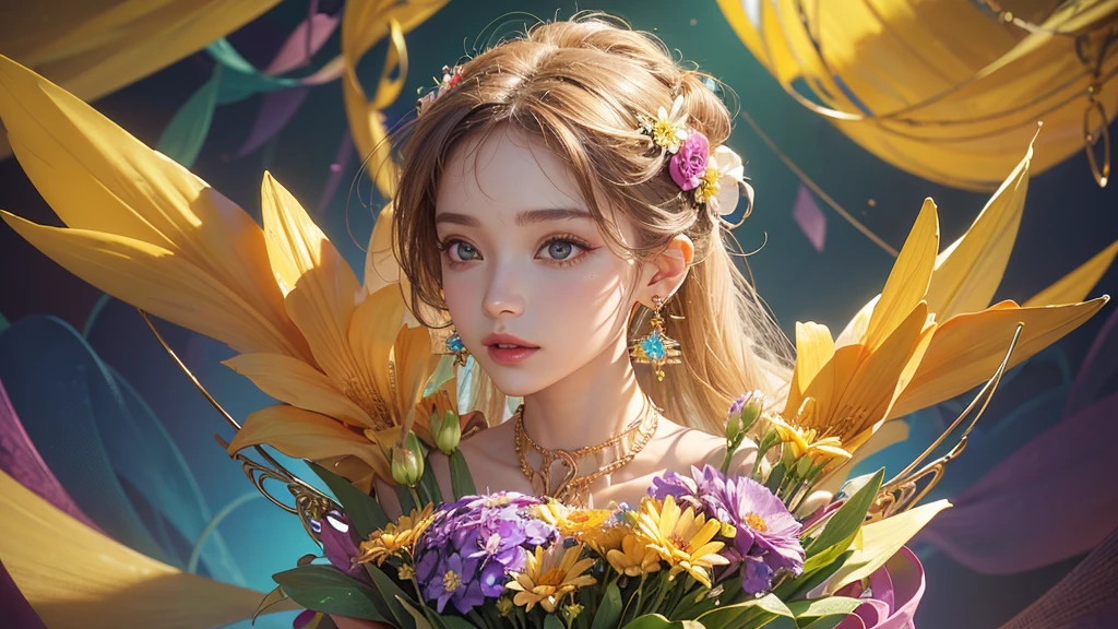 32K, 最高quality, 最高masterpiece, (ultra-Detailed Background, Detailed Background), Absurd, High resolution, Super detailed, Very detailedな, One girl, (bouquet:1.3), (Tangled:1.2), (Geometric:1.2),(colorful),(masterpiece, quality, best quality, Official Art, Beautiful and beautiful:1.2), (1 girl:1.3), Very detailed,(colorful:1.1)(Flowers:1.3),Most detailed,(Tangled:1.2), whole body, (Abstract background:1.3), (Skin glows), (Many colors:1.4), ,(Earrings Jewelry:1.5), Pale yellow background,