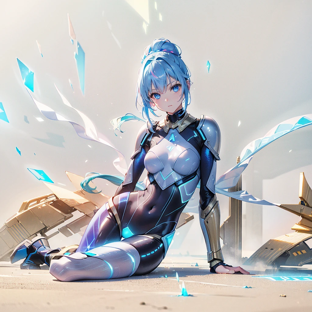 ((Holographic glow effect)),8k, Highest quality, (real:1.4), Original photo, 1 girl, Asari Hair, refined armor, posture: Peace talks between warring factions, smart blue eyes,whole body