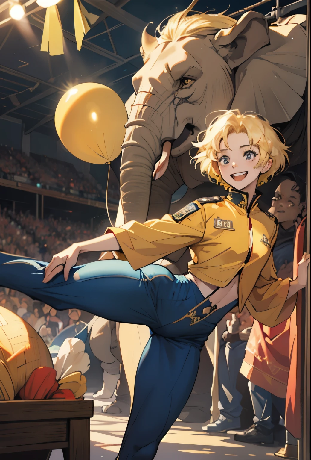 girl, whole body, short hair, Blonde, small, yellow, smile,Circus広場, Lion,elephant, Red and navy blue costume,High leg costume,Circus,Beast Charmer,