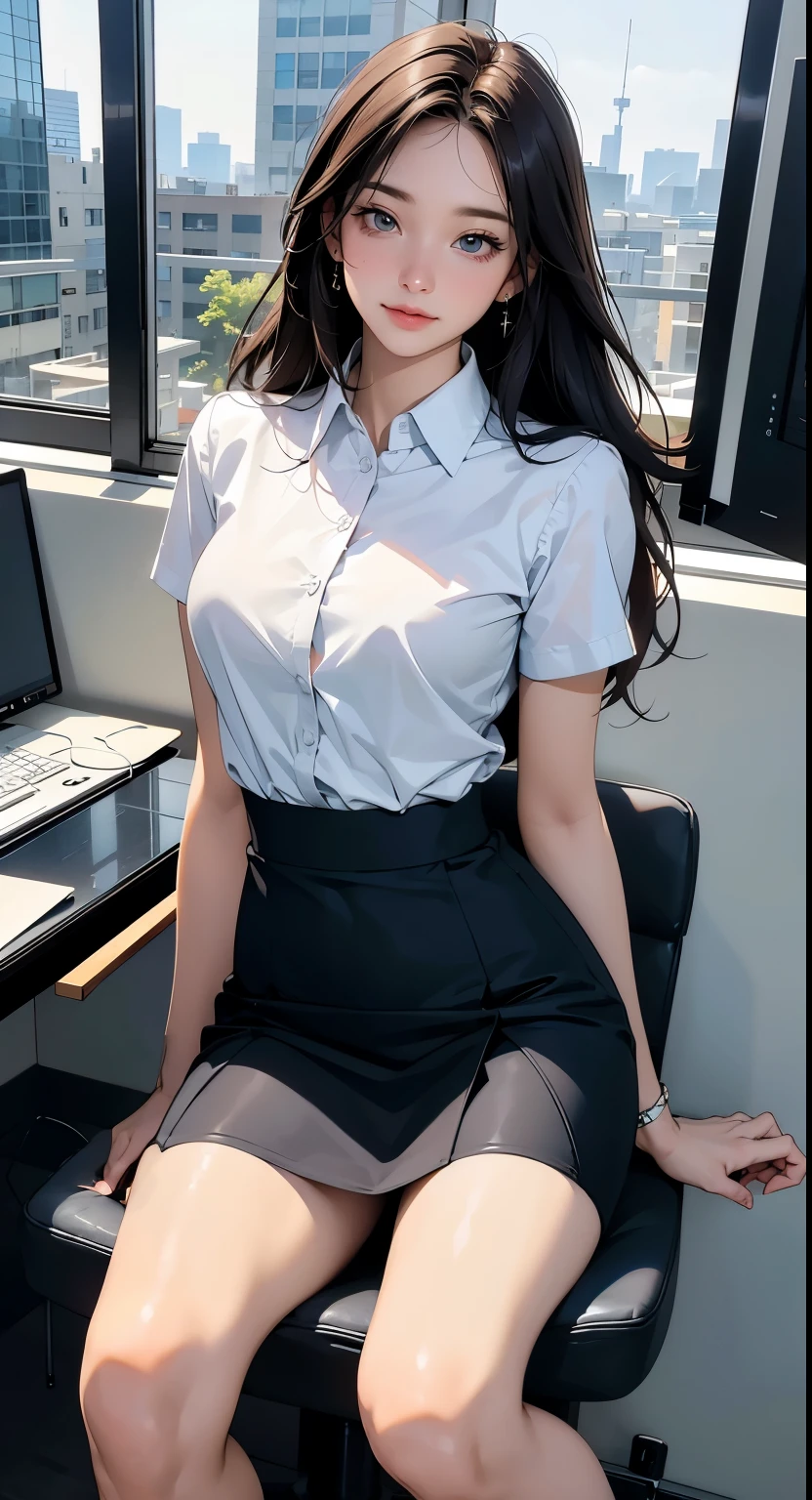 "A girl is sitting in a classroom. She has brown hair and tight abdominal muscles. She spreads her legs. I'm wearing a business uniform. The library is in the background. Pay attention to the details of the photo, especially the details of the eyes, emphasizing realism. These official art Unreal 8k wallpapers are very detailed, beautiful, aesthetic masterpieces, and of the highest quality. The use of dynamic angles shows the elegance and romanticism of the image. The character has big breasts, no panties, and the shape of a camel toe. " pantyhose,
