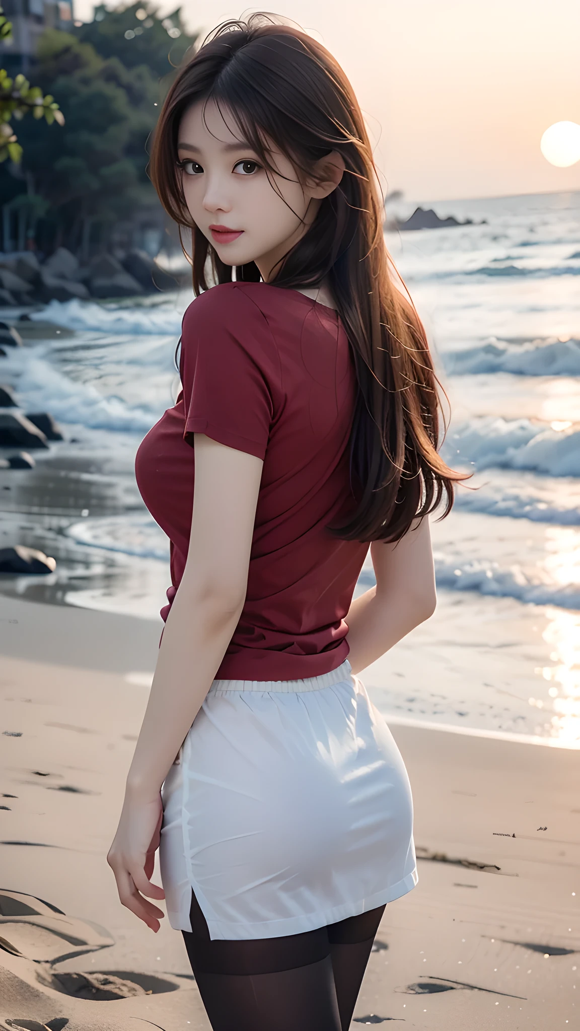 ulzzang-6500-v1.1, (RAW Photos:1.2), (Photorealistic), (Genuine:1.4), 1girl、Perfect Anatomy、20 years old、((from back)), Looking at the camera、Medium Long Hair、red T-shirt, skirt, ((on the beach at sunset :1.1))、(Ultra-realistic pantyhose:1.2), (Business services)、Asian Eyes Ella,
