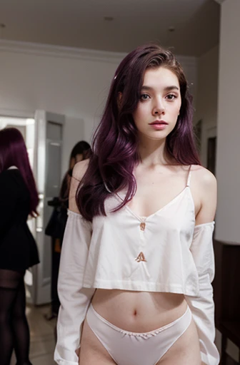 An effeminate girl, delicate and beautiful face. has a thin body, but well designed, your skin is white and very pale. Her hair is dark with magenta highlights, likes to wear makeup, full body photo, standing in the room, ashamed.