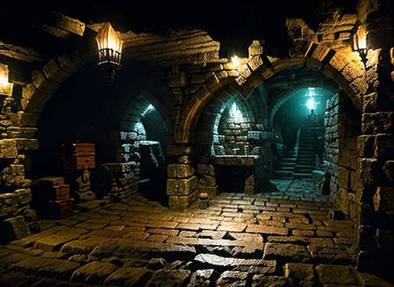 tyle of evilcore ::.5 style grimdark::.5 style dark fantasy::.5 inside dungeon lair, monsters, stone walls with wood door, torchs in te walls, HeroQuest, D&D, Harhammer, rpg