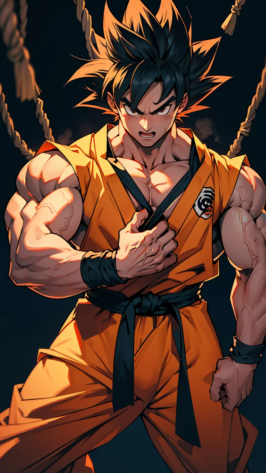 anime style, score_9, score_8_up, score_7_up, score_6_up, score_5_up, score_4_up, Sexual arousal, An erect penis, Pleasure/Pain, steam/breath,heavy breathing/breathless, nsfw, son goku, ((1boy, solo)), full body, goku's face, black-orange kimono, bulging crotch, fighting pose, blurry background, angry expression, cartoon, rope tied around waist, (((((muscular))))), BrutalMass, muscular male, bodybuilder, vascular, veins, (ultra high quality:1.3), (high resolution:1.4), masterpiece, exquisite, absurd, cinematic lighting, chiaroscuro, deep shadows, backlighting, deep focus, sharp focus, betterhand, Perfect Anatomy, Detailed Background