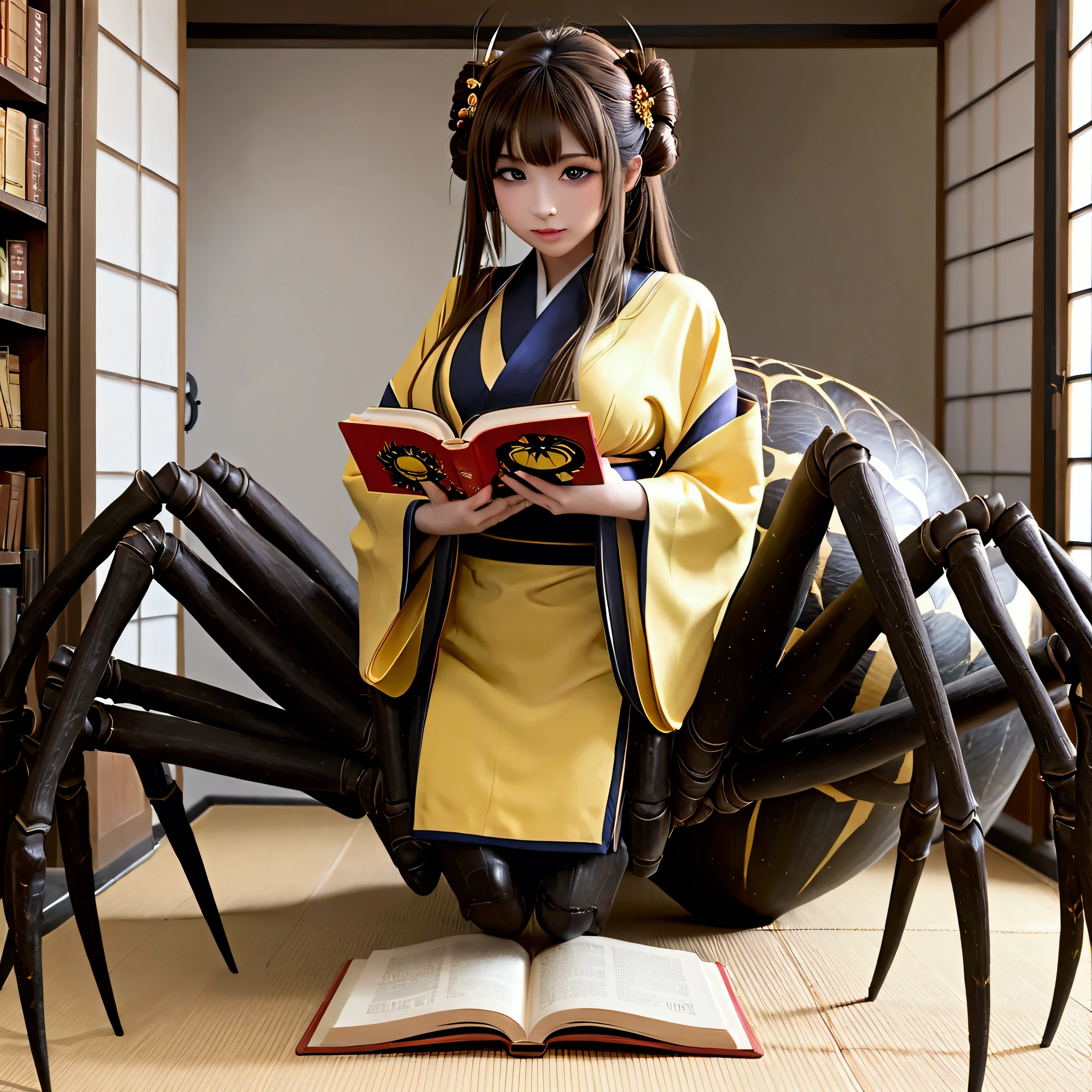 score_8up, score_9, live-action,Fantasy World, Arachne, ((kimono, kimono, kimonoed)), Apparition, Submissive woman, Straight long hair, Brown Hair, ８Thick spider legs of a book, ((Giant black and yellow spider abdomen))、(Human arm)、((real８Spider legs on a book))、Spiders have hair on their legs， smile， ((Slim face))，Perfect hands，Black choker、Blue Contact Lenses、bangs、Very thick and long eyelashes、((Big Breasts)), Dependents, Red lipstick, black and yellow spider, Holding a tray of tea in one&#39;s hands