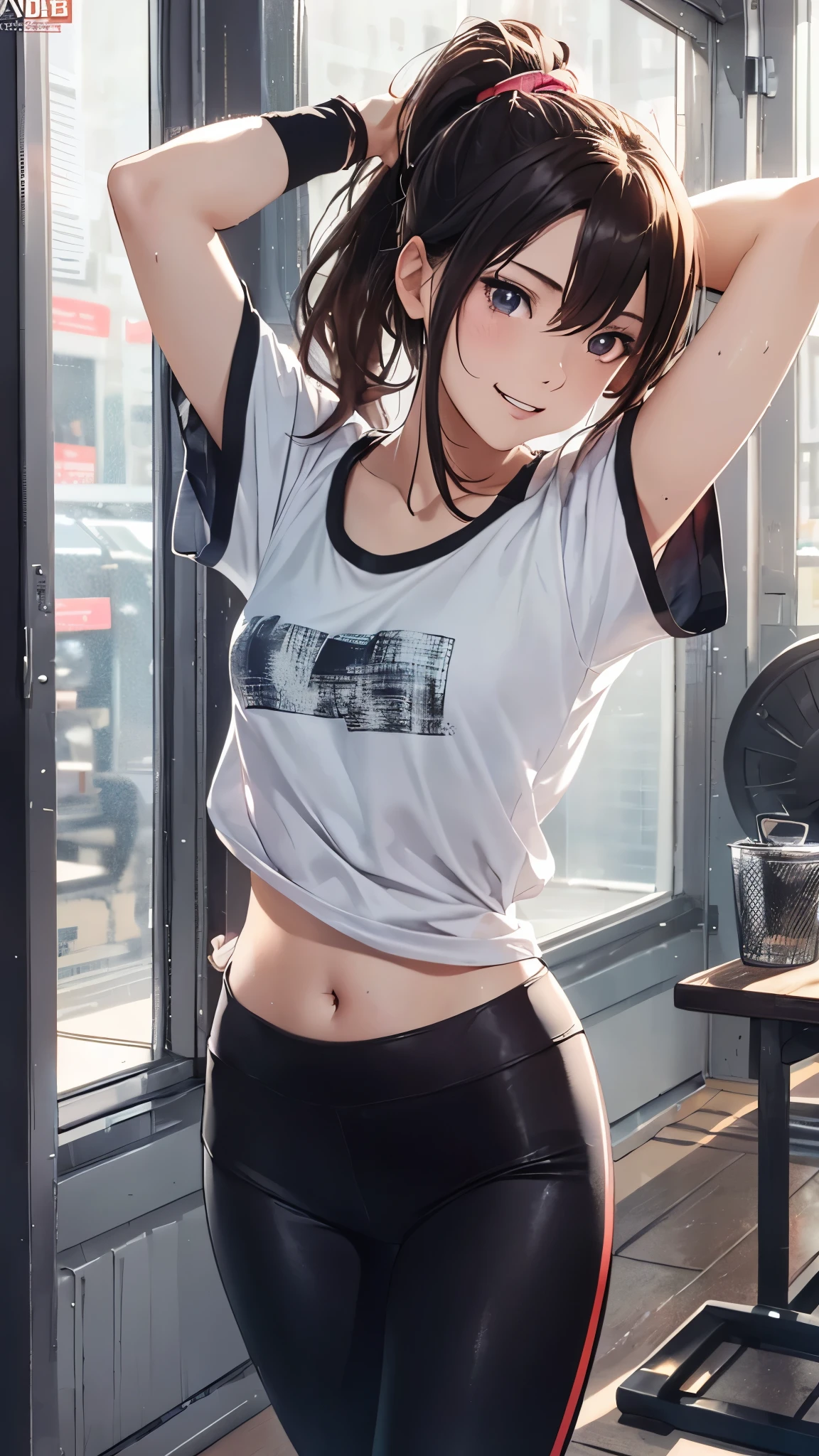 (highest quality,4K,8K,High resolution,table top:1.2), Super detailed, (realistic,photorealistic,photo-realistic:1.37), ,beautiful girl,((full body)),((sweat)),((left arms up)),((jump)),,(grin and laugh),((caramel hair color)),((medium long hair)),((ponytail hairstyle)), ((messy hair)),((T-shirt and black leggings)), ((off-shoulder design T-shirt)),((long length T-shirt)),((dancing in the gym)),((loose Socks over leggings)),((loose socks over leggings)),(sneakers),espadrilles,beautiful and detailed eyes, beautiful detailed lips, highly detailed eyes and face, long eyelashes, realistic anime 3D style, Smooth anime CG art, Digital rendering by Makoto Shinkai, Moe anime art style, photorealistic rendering of an anime girl, Shinkai Makoto style, Cute anime girl visuals, realistic young anime girl, girl fan art, Created by Anime Artist&#39;studio of.