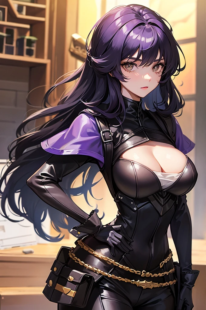 Girl with black curls, honey eyes, wearing violet armor, a cavalry soldier. 