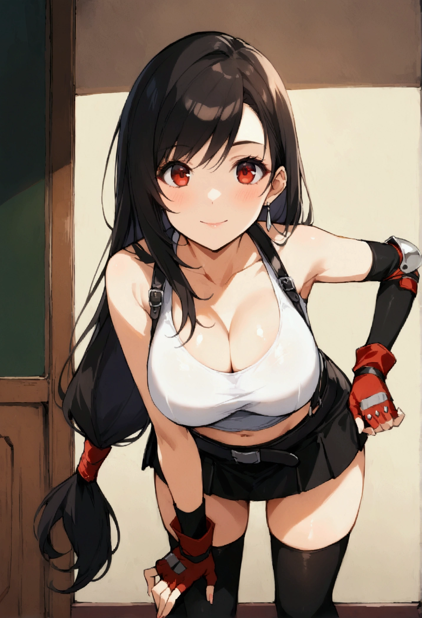 (score_9, score_8_up, score_7_up), BREAK  (masterpeace),(best quality),(aesthetic,very aesthetic),film grain,,,1girl, tifa lockhart, final fantasy,(beautiful woman). black hair, low-tied long hair, red eyes, bangs, white tank top,gap, belt, pleated skirt, thighhighs, elbow fingerless gloves, elbow pads, midriff, navel,suspender skirt.zettai ryouiki ,,(large_breasts:1.3),Solo,upperbody,looking_at_viewer,  vibrant, joyful,cafe and bar,,,mediumshot,Emphasize the cleavage、(leaning forward:1.3), (hands on knees) ,Showcasing cleavage:1.2 ,breast hold,straight-on,