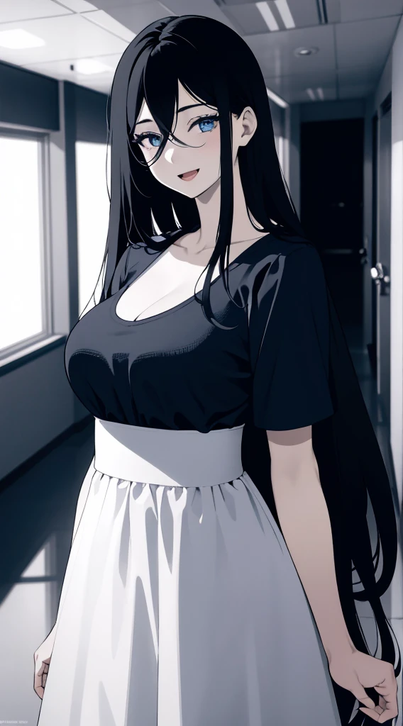 (masterpiece), (best quality), (ultra-detailed), ((girl, 29 years old)), an extremely delicate and beautiful, detailed eyes, minute details, (black hair, long hair, straight hair, hair between eyes), ((big breasts)), smile, open mouth, ((beautiful eyes)), (blue eyes), (upper body), she is wearing a blue dress, (detailed clothes), (detailed background, in a hospital, hospital hallway), (monochrome)