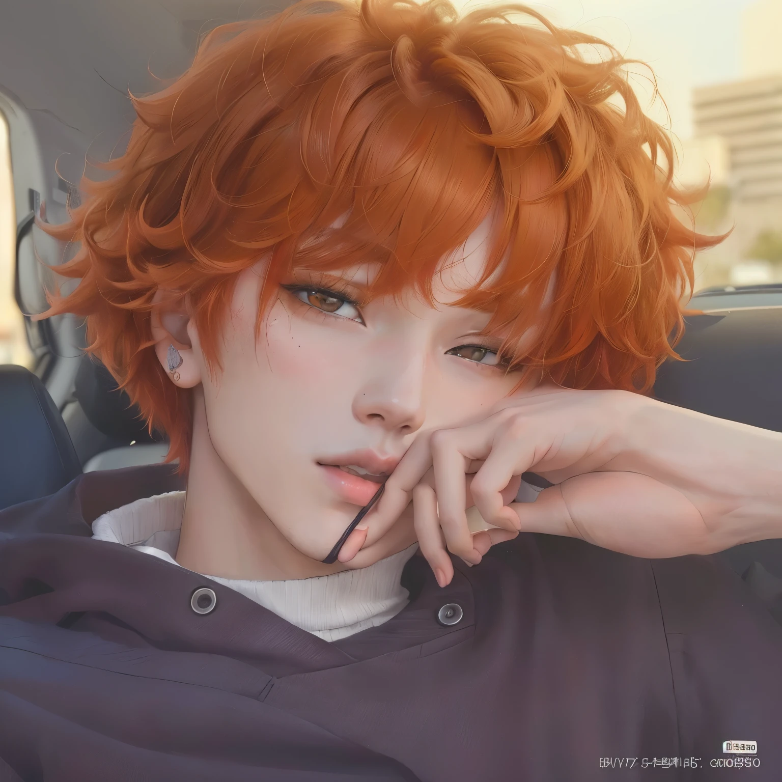 there is a young man with red hair sitting in a car, male ulzzang, with short hair, orange - haired anime boy, 1 7 -  - old  thin face, ulzzang, ((red)) big eyes, hazel eyes, jimin, park jimin, jimin park, bts