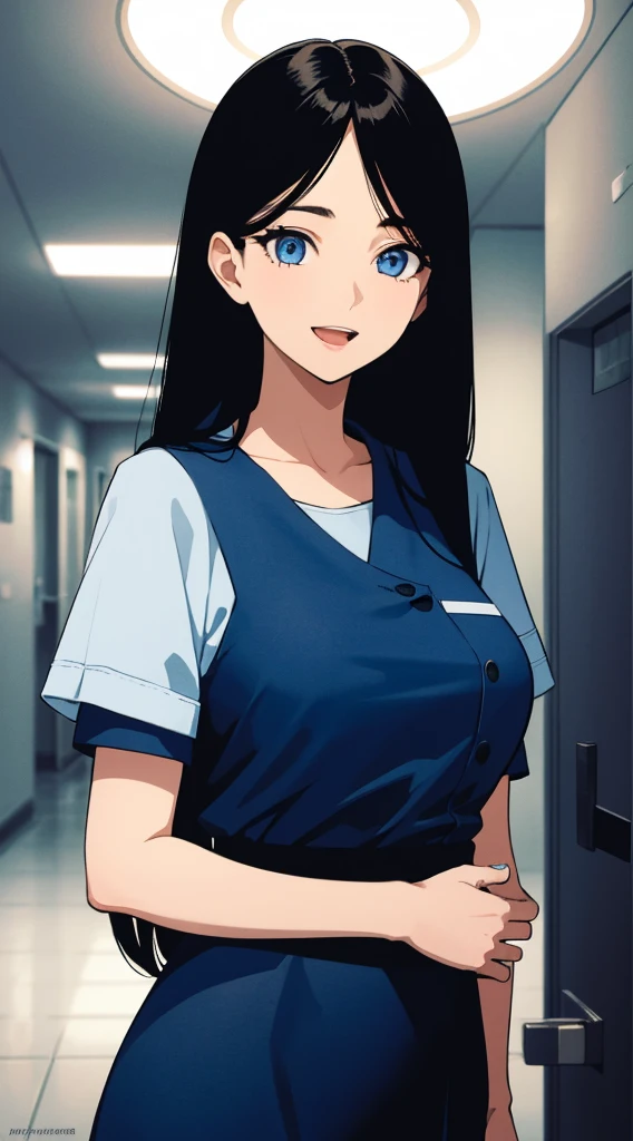 (masterpiece), (best quality), (ultra-detailed), ((girl, 29 years old)), an extremely delicate and beautiful, detailed eyes, minute details, (black hair, long hair, straight hair, hair between eyes), ((big breasts)), smile, open mouth, ((beautiful eyes)), (blue eyes), (upper body), she is wearing a blue dress, (detailed clothes), (detailed background, in a hospital, hospital hallway), (monochrome)