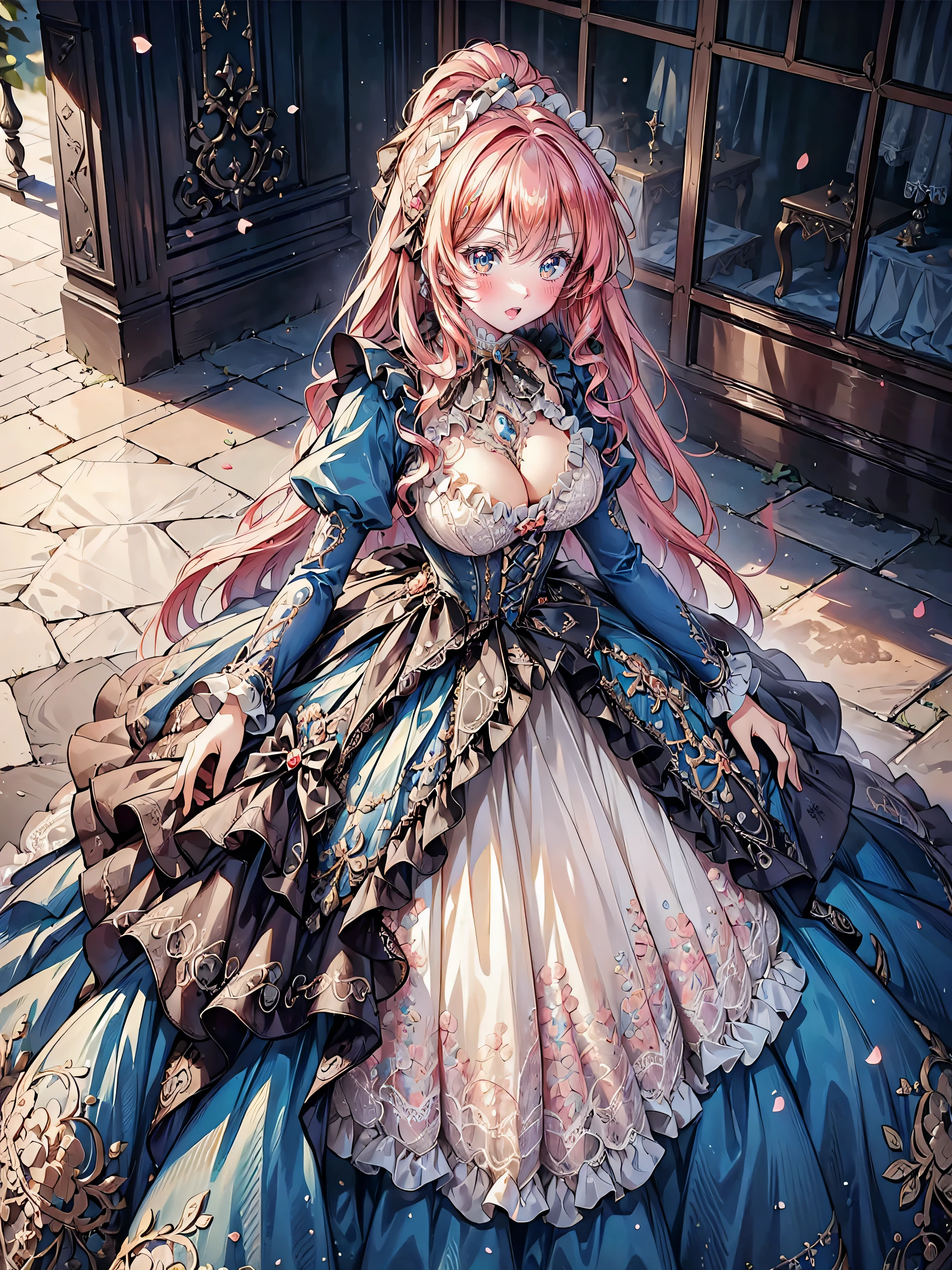 ((Superbly detailed drawing, ultra detailed, exquisite quality, absolutely resolution)), (((young face solo princess))), (((Unsurpassed gorgeous rococo victorian gown with voluminous huge hoopskirt and long hems, princess style skirt:1.5))), ((transparency gown, fluffy and full of pleats skirt:1.3)), (Super detailed and intricate exquisite design gown:1.5), ((overwhelming amount many ruffles with ribbons with intricate lace with Super detailed and intricate embroidery gown:1.9)), ((huge breasts, breasts cleavage)), (ponytail, fluffy long Expressive, hair pink hair), super voluminous long hair, hair ornament tiara, embarrassed, (((curtsey:2))), (blurry background, depth of field:1.5), super detailed skin, super delicate and beautiful face, (eyes blue eyes), (backlighting, particle effect, caustics), (((sharp focus))), ((lot's of colorful flowers, in fog forest:1.5)), (fisheye lens:1.2), (very wide shot, magnificent panorama view, dynamic angle:1.5), ((full body)), (looking viewer, looking up, from above, from front:1.5), 