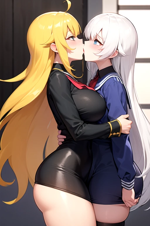 Lesbian (very long loose yellow hair)(big breasts, big thighs)(with  clothes it is very tight) that he is kissing at school with his girlfriend,(big breasts, big thighs)lesbian love