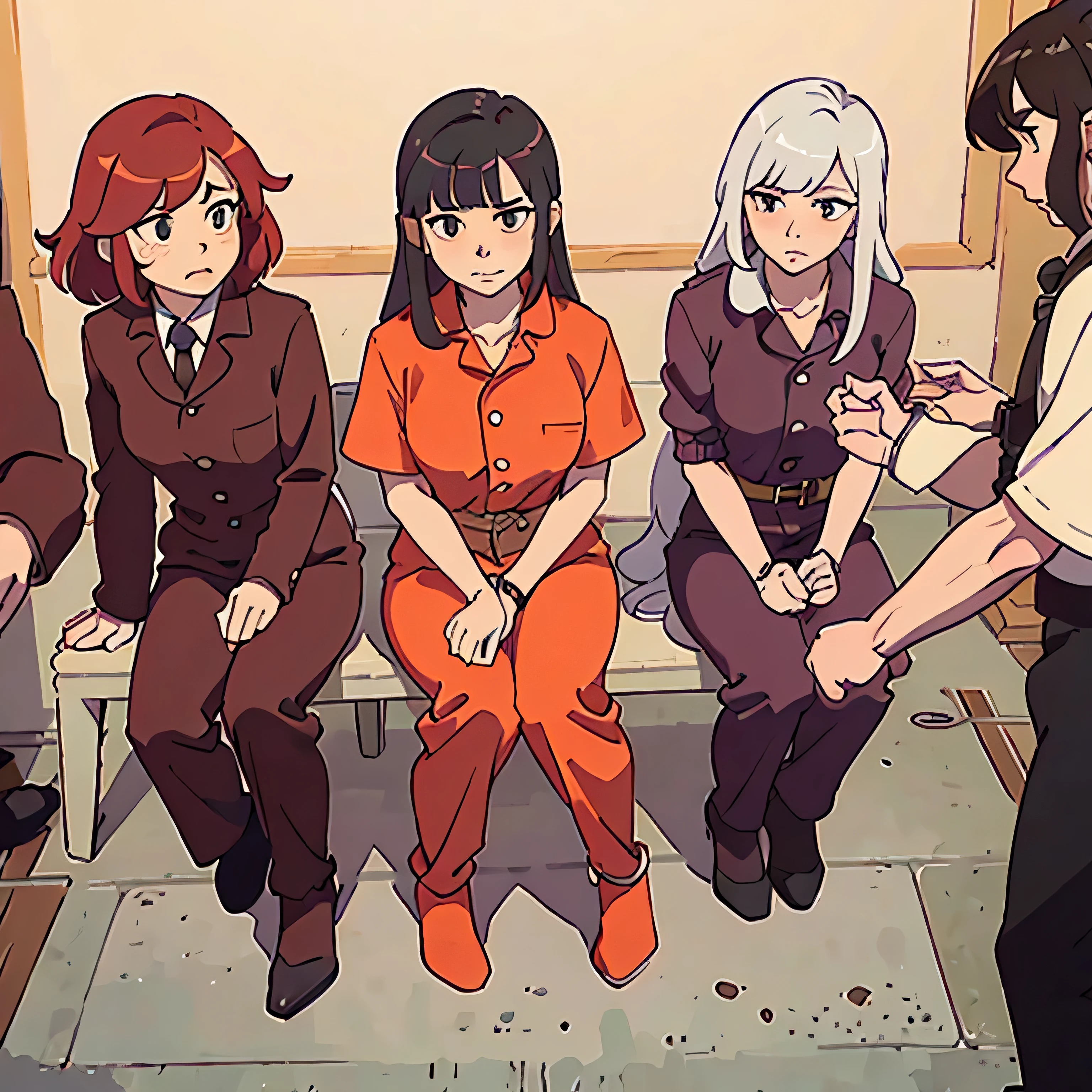 anime woman sitting on the dock in a court of justice watching with an expression of terror as a judge sentences her to prison while some guards take her by the arms.