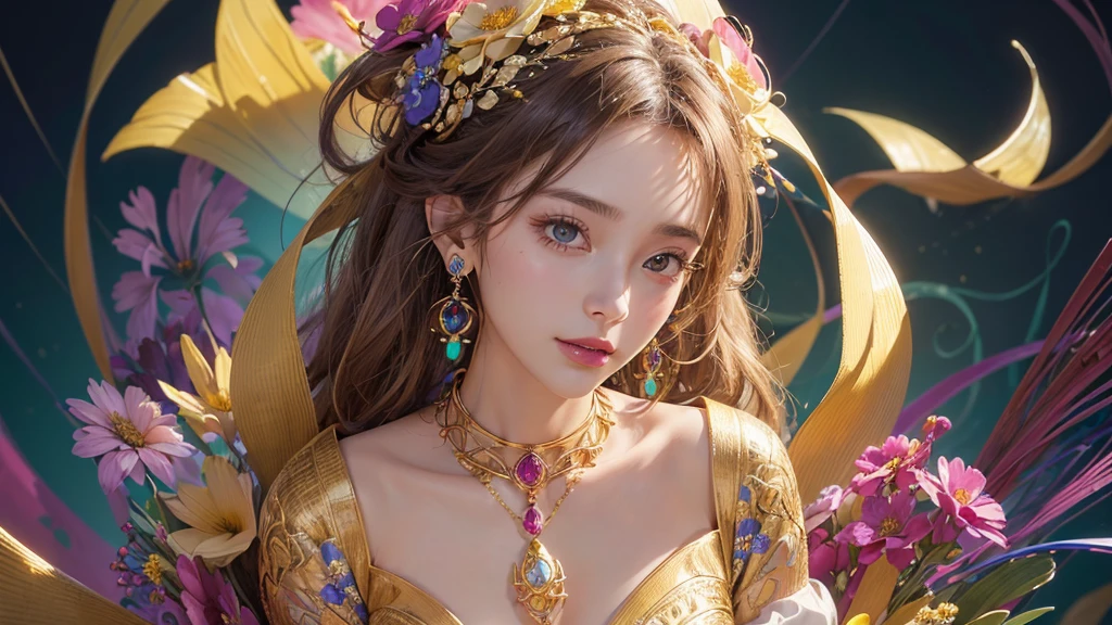 32K, 最高quality, 最高masterpiece, (ultra-Detailed Background, Detailed Background), Absurd, High resolution, Super detailed, Very detailedな, One girl, (bouquet:1.3), (Tangled:1.2), (Geometric:1.2),(colorful),(masterpiece, quality, best quality, Official Art, Beautiful and beautiful:1.2), (1 girl:1.3), Very detailed,(colorful:1.1)(Flowers:1.3),Most detailed,(Tangled:1.2), whole body, (Abstract background:1.3), (Skin glows), (Many colors:1.4), ,(Earrings Jewelry:1.5), Pale yellow background,