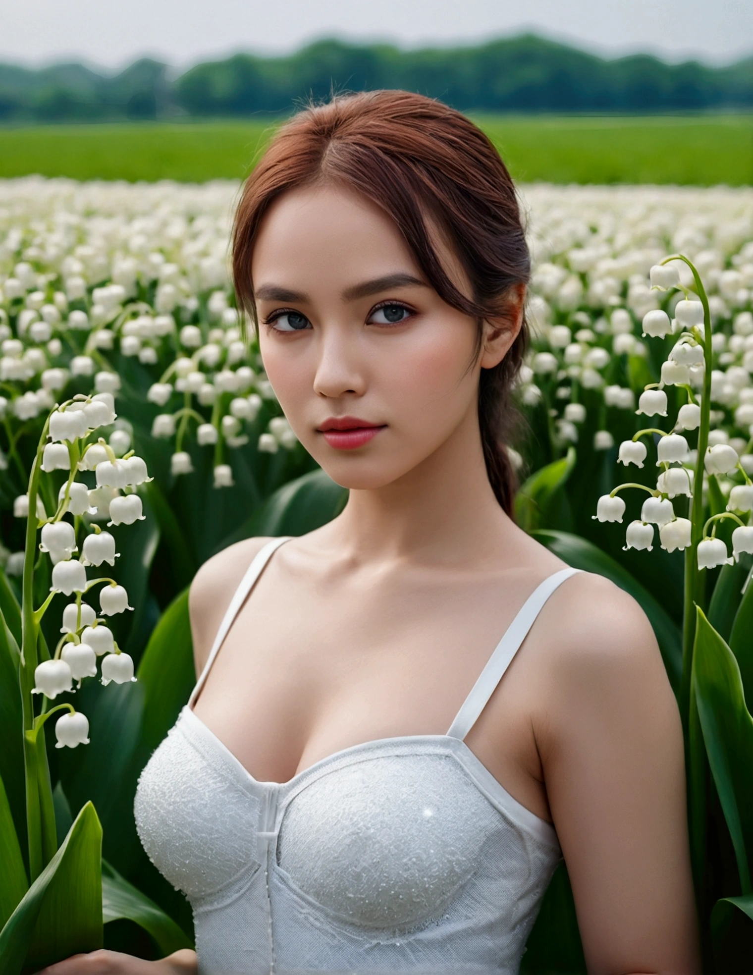 Beautiful portrait of a beautiful girl in the lily of the valley field, Science fiction、 Buttocks lift、exquisite eyes, art station, sharp focus, realism, 35 mm, Super detailed, shining、Background Scenery,Half-length photo