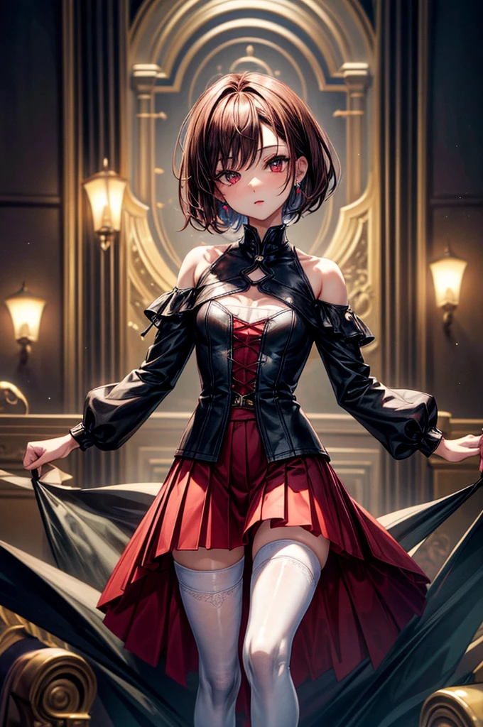 8K UHD, Digital SLR, Soft lighting, High quality, ((best quality)) ((best quality)), ((masterpiece)), (detailed), 4k image, anime style, beautiful teenage anime girl, black color A-line pleated skirt, shirt, fair caramel brown skin, symmetrical face, plump lips, blood red sanguine eyes, African looks, small breasts, toned thin slender body, small narrow waist, short height, waist length pixie cut hair, sleek dark red hair, hips, phoenix eyes, small nose, European style , white sheer thigh-high stockings, low-top boots