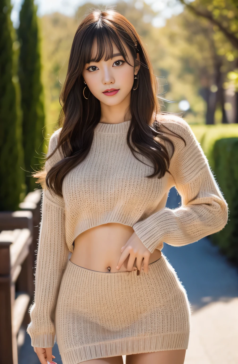 ((Highest quality、In 8K、masterpiece:1.3))、Beautiful Japanese Women、With dimples、Wear an open-leg sweater、Belly piercing