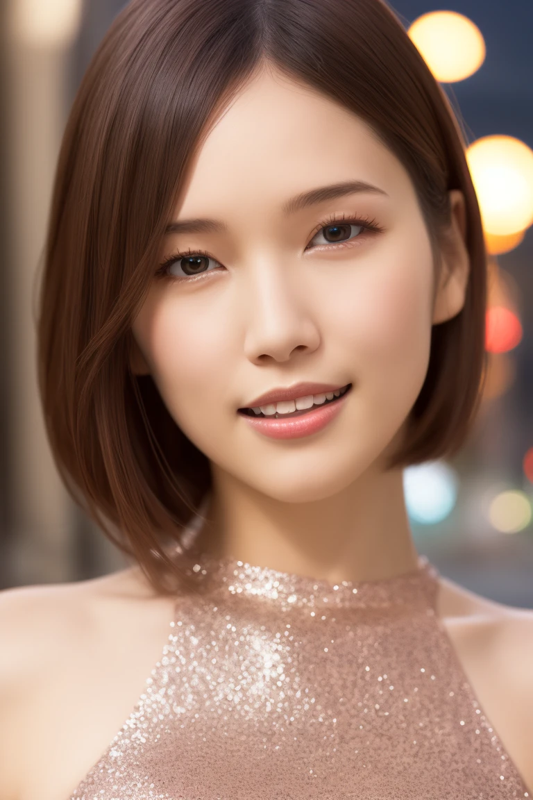 1girl,(wearing glittery dress:1.2),(RAW photo, best quality), (realistic, photo-realistic:1.4), masterpiece, an extremely delicate and beautiful, extremely detailed, 2k wallpaper, Amazing, finely detail, extremely detailed CG unity 8k wallpaper, ultra-detailed, highres, soft light, beautiful detailed girl, extremely detailed eyes and face, beautiful detailed nose, beautiful detailed eyes,cinematic lighting,at a park,city lights at night,perfect anatomy,slender body, close up,short hair,big breasts,smile