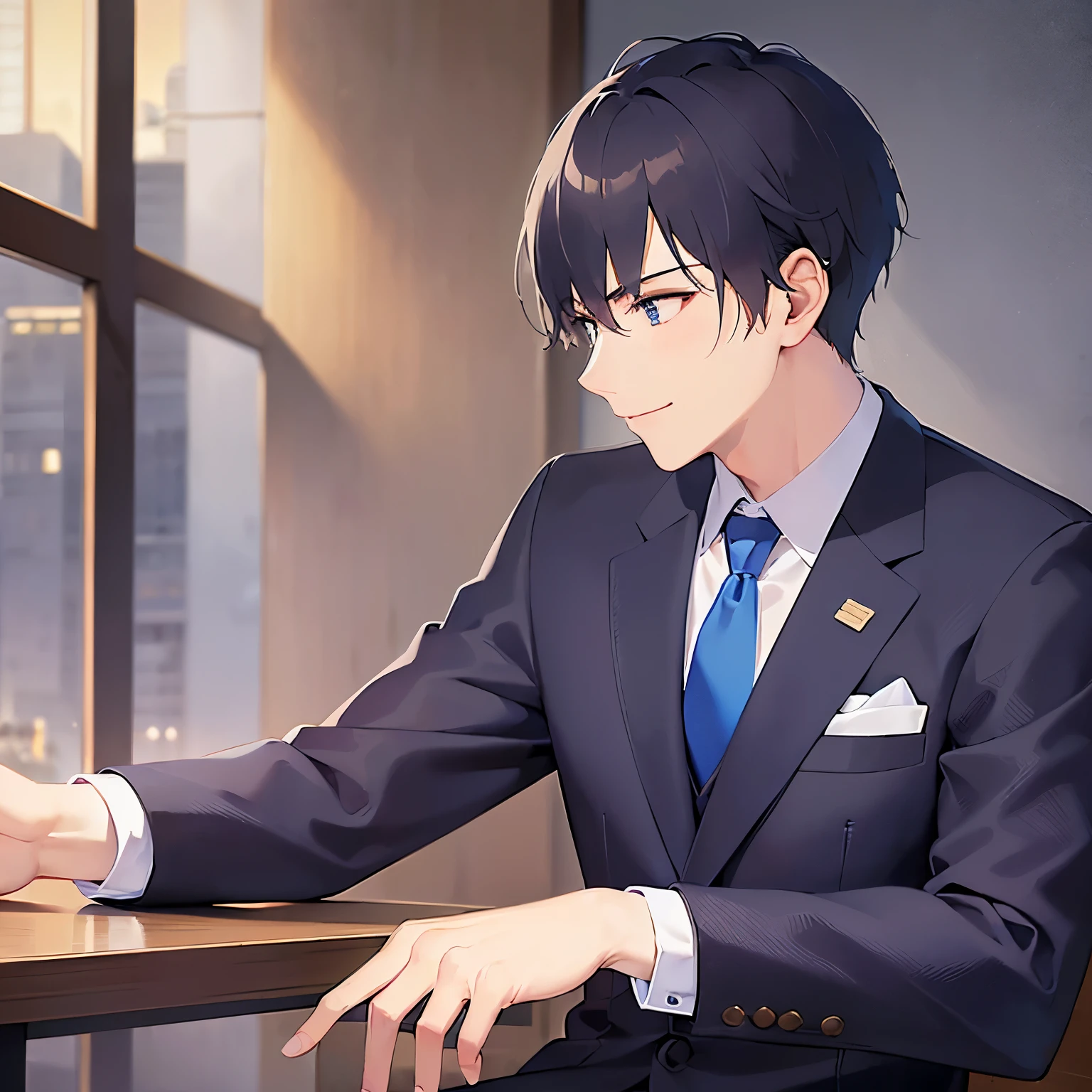 masterpiece、Highest quality、profile、Side shot
(25-year-old male:1.5) and(Black short hair) and (blue eyes),
(suit:1.5) and (Blue tie)(suit:1.5) and (Blue tie)、
smile,The background is a tavern at night、Sitting、(alone:1.5)