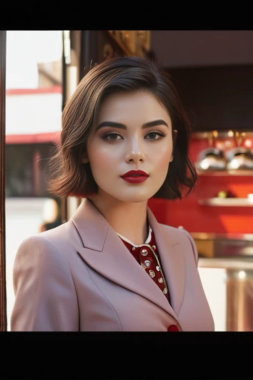 (realistic photo kodak image up to the waist, 20-year-old princess, British, black eyes, vibrant look, dark reddy brown short hair), suit, designer, black, brown, red details, ornaments, perfect face, critical camera, cafe background, warm light, more details in clothing, strong leftovers, mystery pose, Accurate, Best Quality, High Details, Large breasts, Parted Lips, Wide Shot,