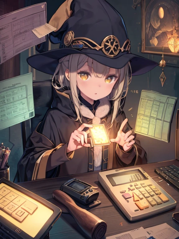 detailed, Where you live, Wizard, Glowing yellow eyes, inflammation, detailed lighting, 4K, masterpiece, ((Tax return)), ((calculator)), machine