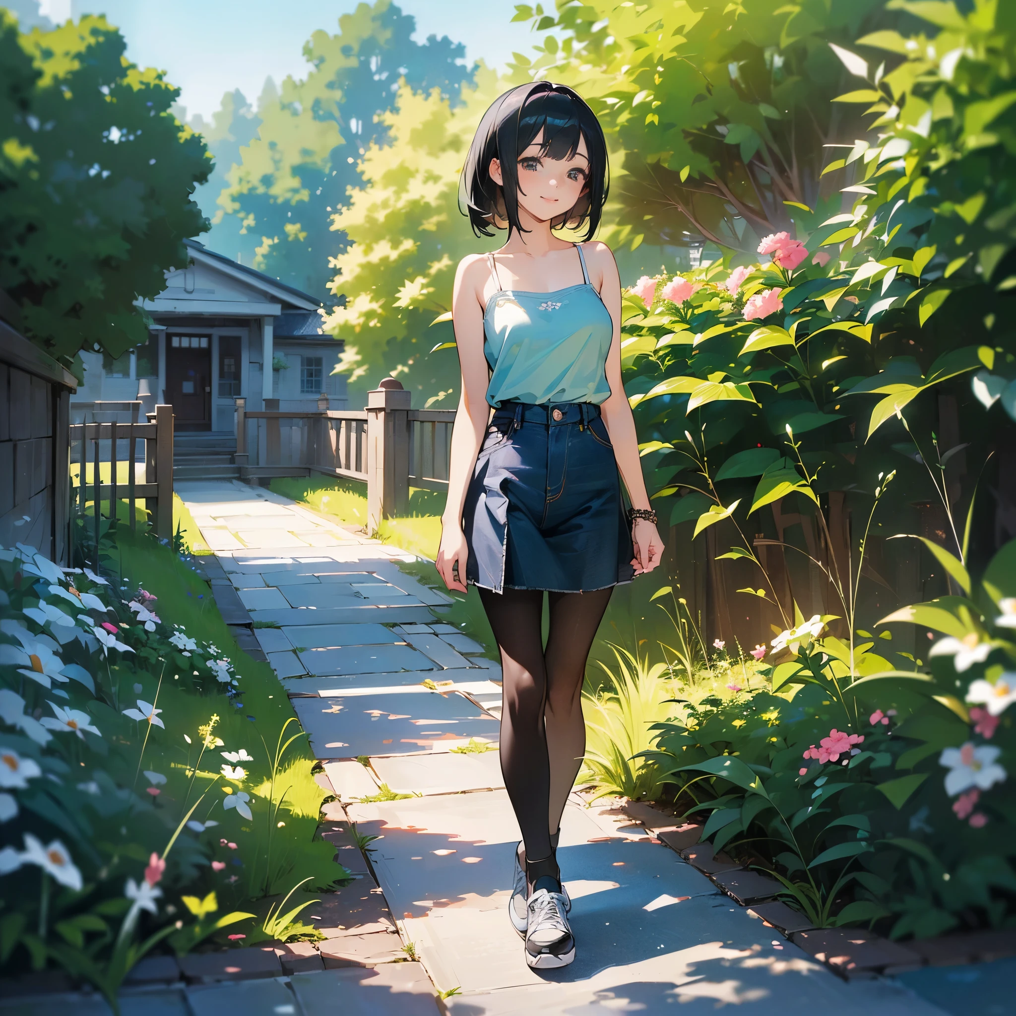 (high quality, High resolution, Very detailed, reality:1.37), Peaceful atmosphere, (Outdoor, garden),  girl standing alone, (my breasts are big.), Beautiful details, Cute Smile, (Black bob hair), camisole, Denim skirt, Black tights, sneakers.