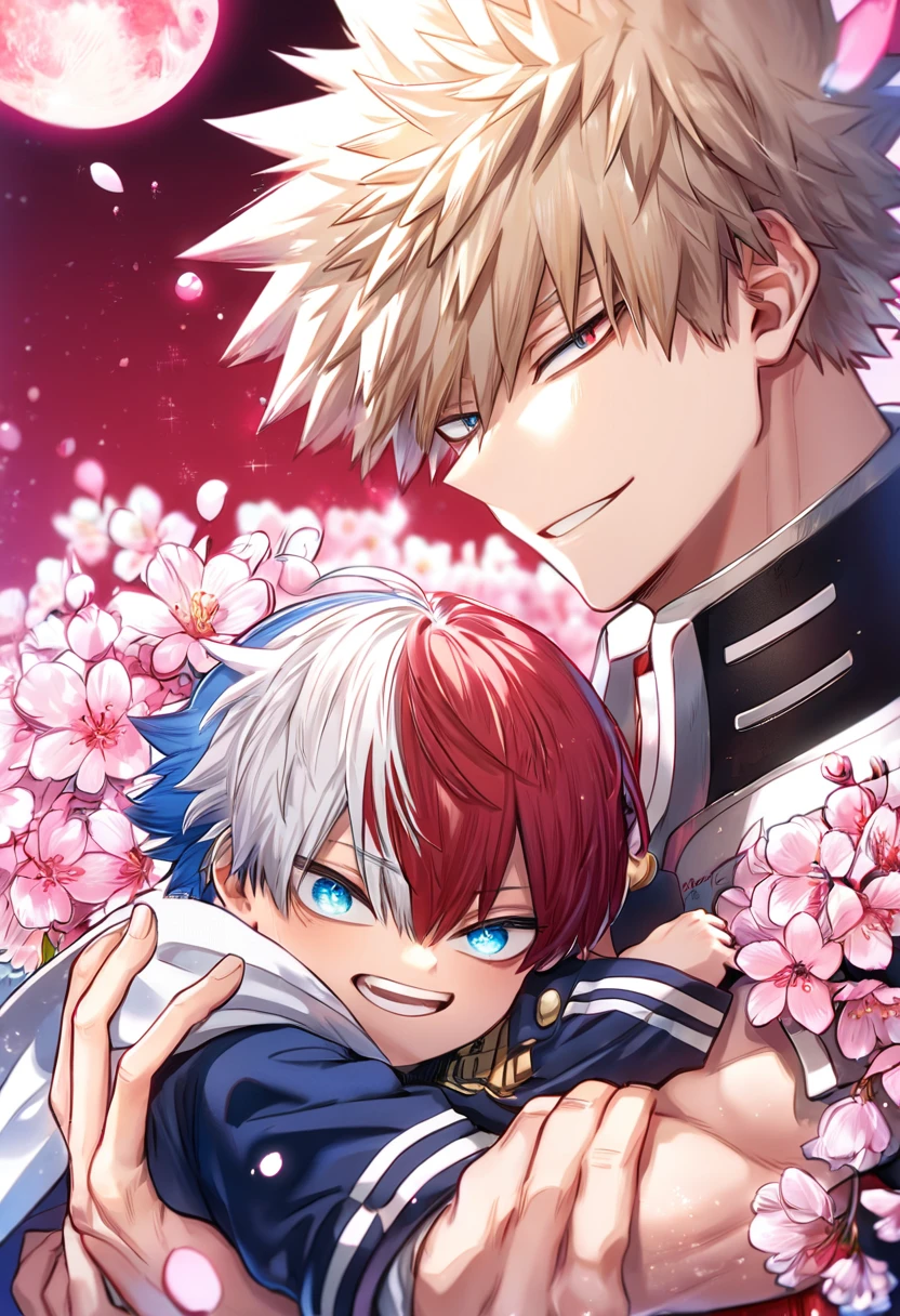 absurdres, highres, ultra detailed, HDR, master piece, best quality, extremely detailed, Todoroki Shouto, bicolored hair, right side of the hair white, left side of the hair red, expressive blue eyes, Boku No Hero Academia, Bakugo Katsuki, ash-blonde hair, expressive red eyes, two sexymen together, yaoi, gay couple, carrying a small boy, smile, hero clothes, magical, sparkling, pink glittering fireflies, pink ice, pink ice butterflies, pink ice petals, pink ice cherry blossoms, pink crystal, pink flowers, pink moon