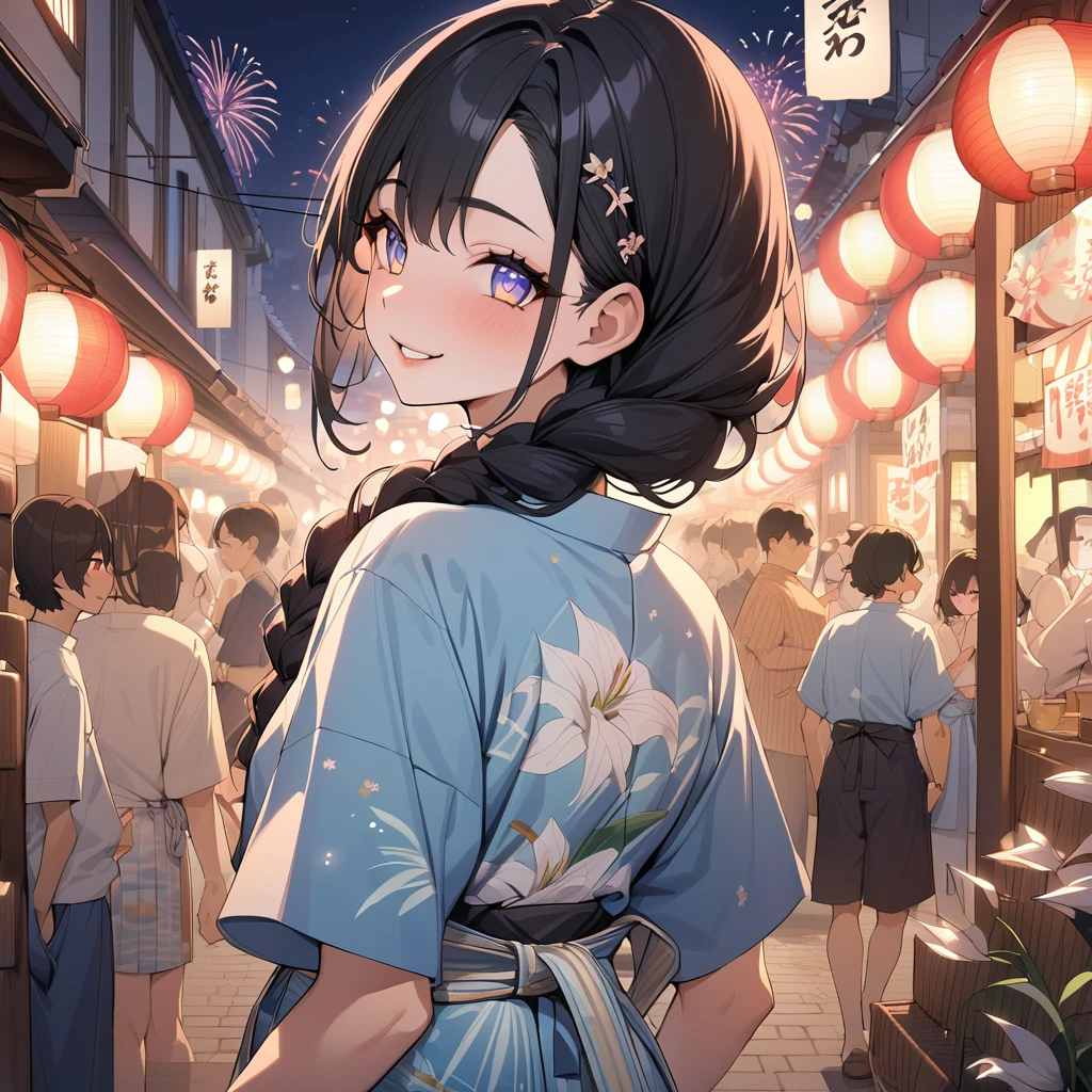 ((amazing quality, great quality, top quality, very aesthetic, aesthetic, best quality)),black hair,frayed hair,single braid,neck on hair and ribbon,tareme,twinkle eyes eyes,looking back,smile,eyes half open,extremely detailed
lips,lily print,blue yukata,japanese bonodori,night,fireworks,japanese Summer festival street,