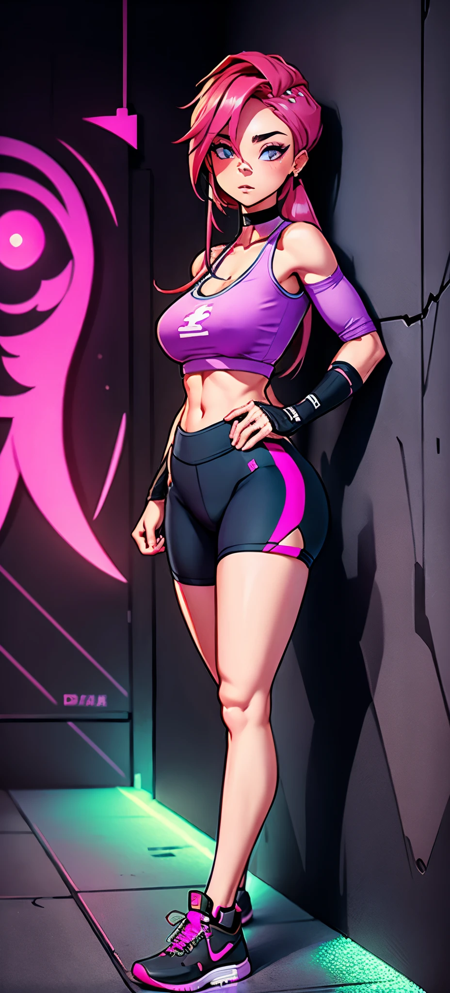 (masterpiece, best quality, 1girl, solo, intricate details, chromatic aberration), realistic, ((medium breath)),long hair, pink hair, red head ornament, pink highlights, hair over one eye,purple eyes, earrings, sharp eyes, choker, neon shirt, open jacket, crop top, (symmetry eyes),(perfect symmetrical body),against wall, brick wall, graffiti, dim lighting, alley ,look at viewer, woman at a gym, cute, front Pose, fitness girl, standing, erect Pose, symetrical, fitness model, skinny, Red sneakers, best qualityer, relaxed arms, hands down, ankle, fullbody view, stand straight with your back upright. Keep your shoulders back and maintain a straight line from your head to your feet. Full body overview, feets close, symmetrical front, head straight to the viewer