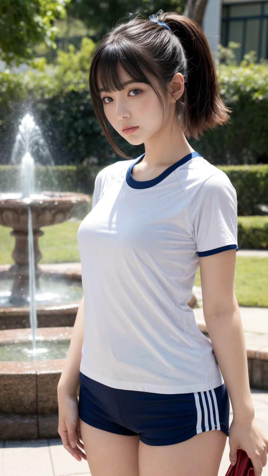 masterpiece, best quality, illustration, Super detailed, fine details, High resolution, 8K,wall paper, perfect dynamic composition,(Details High quality, realistic depiction of eyes:1.3), (short sleeve white t-shirt, navy short pants, gym clothes), middle hair, ponytail, sideburns, black hair color, Big Natural Color Lip, Large swollen breast, perfect body shape, crying a little、Don't expose it、 Harajuku style、20 year old girl、cute type、lolita, hposing Gravure Idol, full body photo、focus on crotch, (park:1.2, fountain)