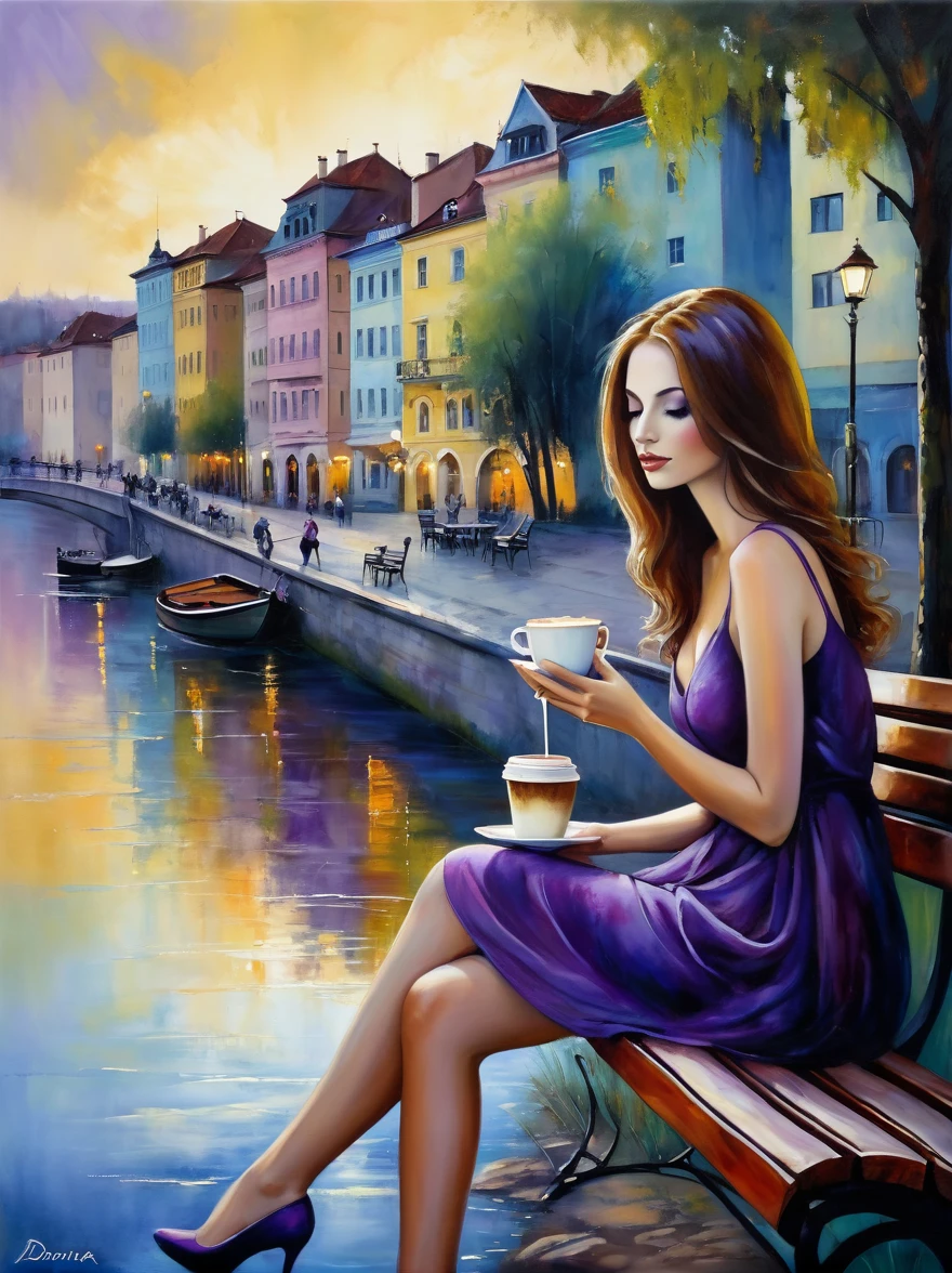 in style of Dorina Costras, city landscape，girl，Riverside，coffee，bench