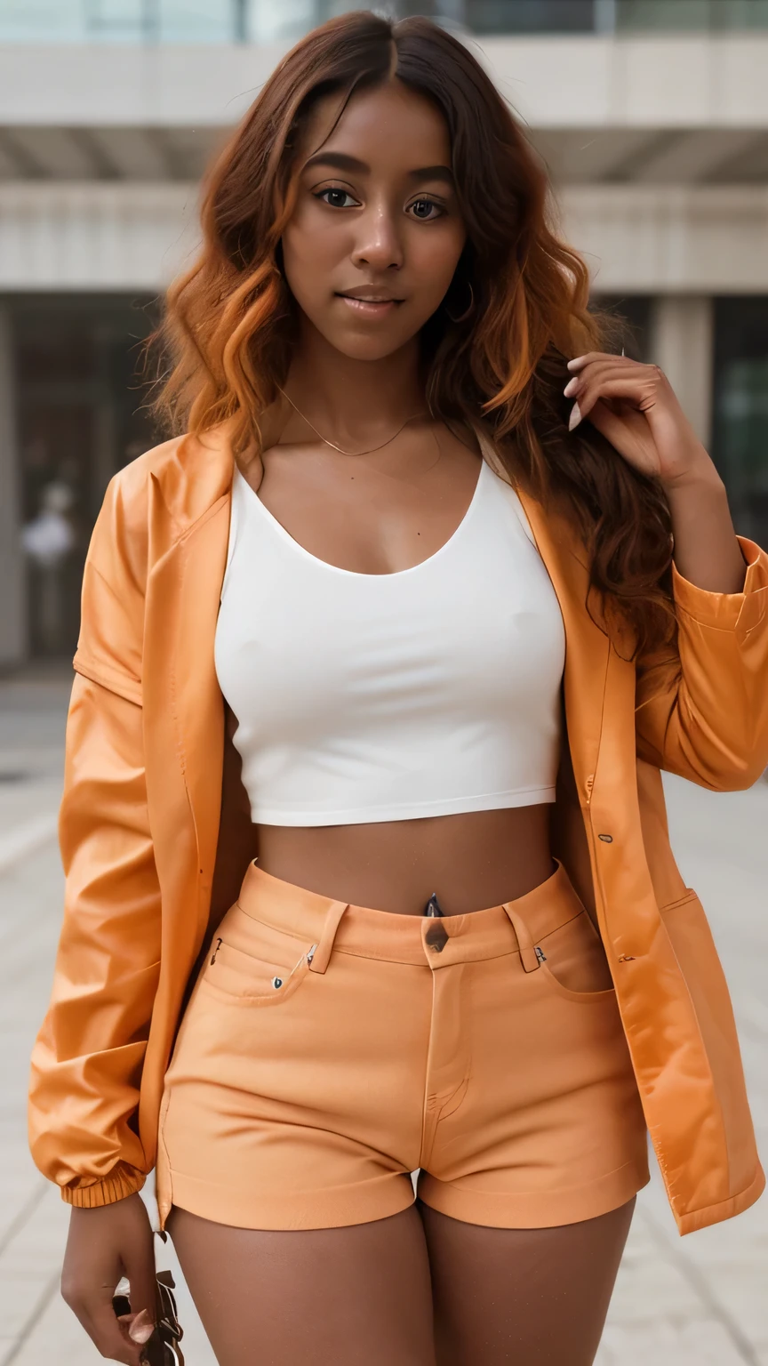 Create the image of a digital influencer named Camila Martins. She is 22 years old, curly and voluminous dark orange hair and dark skin. Camila is extremely beautiful and charismatic. Your style is stunning and authentic, highlighting your natural beauty. She is wearing fashionable and stylish clothes, and her look is radiant and natural and dresses the model in a short white top with a cutout in the center, a bulky orange jacket and orange shorts
