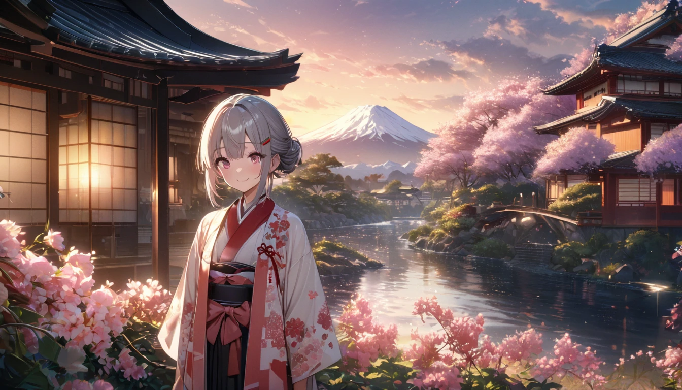 one girl, silver short hair and bob hair、I tied my hair in a bun with a hair clip..、beautiful pink eyes、smile、gentle smile on her face、flat chest, one Beautiful girl,((masterpiece, illustration, best quality) ((ultra-detailed)) mdjrny-pprct, japanese architecture, Sakura, wisteria, flower garden, mountains and rivers, Clouds (high detial: 1.2)、evening glow, 濃い青とBeautiful Blueのグラデーション, High resolution, 8K HD detail, hyper-detail, cinematic, surrealism, soft light, deep field focus bokeh, ray tracing and surrealism. --v6