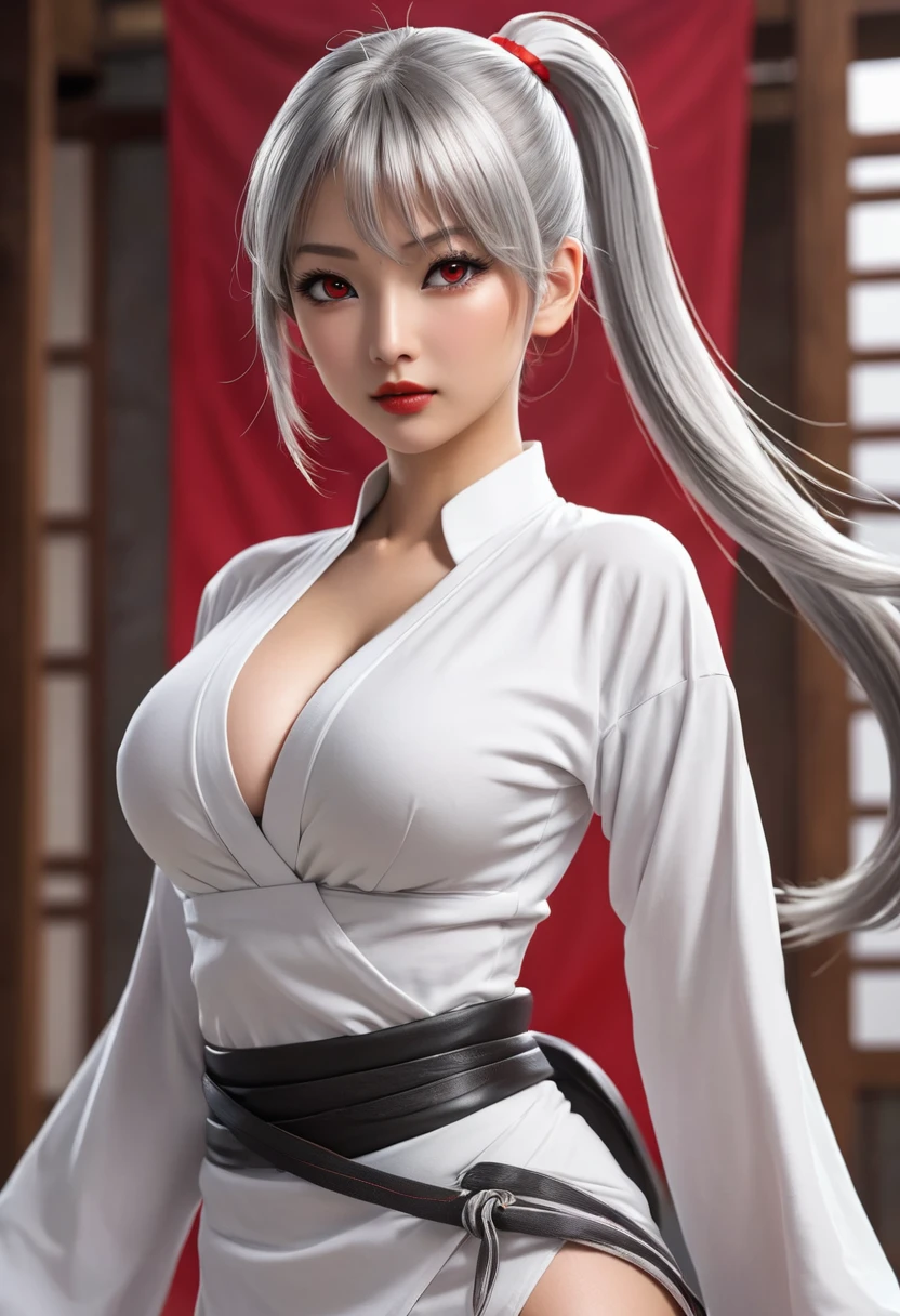 One girl, solo, top ponytail, silver hair, coming towards you, red eyes, red pupils, red lips, waist length hair, large breasts, ball shaped breasts, tight waist, gentle face, beautiful Japanese woman, five fingers, 3D, female swordsman