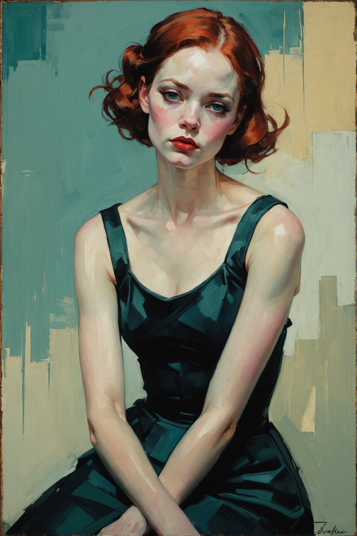 Create an evocative oil painting inspired by Malcolm Liepke, based on the provided image. Capture the intense, introspective expression of the young subject using thick, expressive brushstrokes and a muted color palette. Highlight the emotional depth and vulnerability in the subject's gaze, emphasizing the play of light and shadow on their face. Maintain a simple, textured background that complements the subject's contemplative presence. Focus on the tactile quality of the oil paint to convey the raw emotion and intimacy characteristic of Liepke's style.