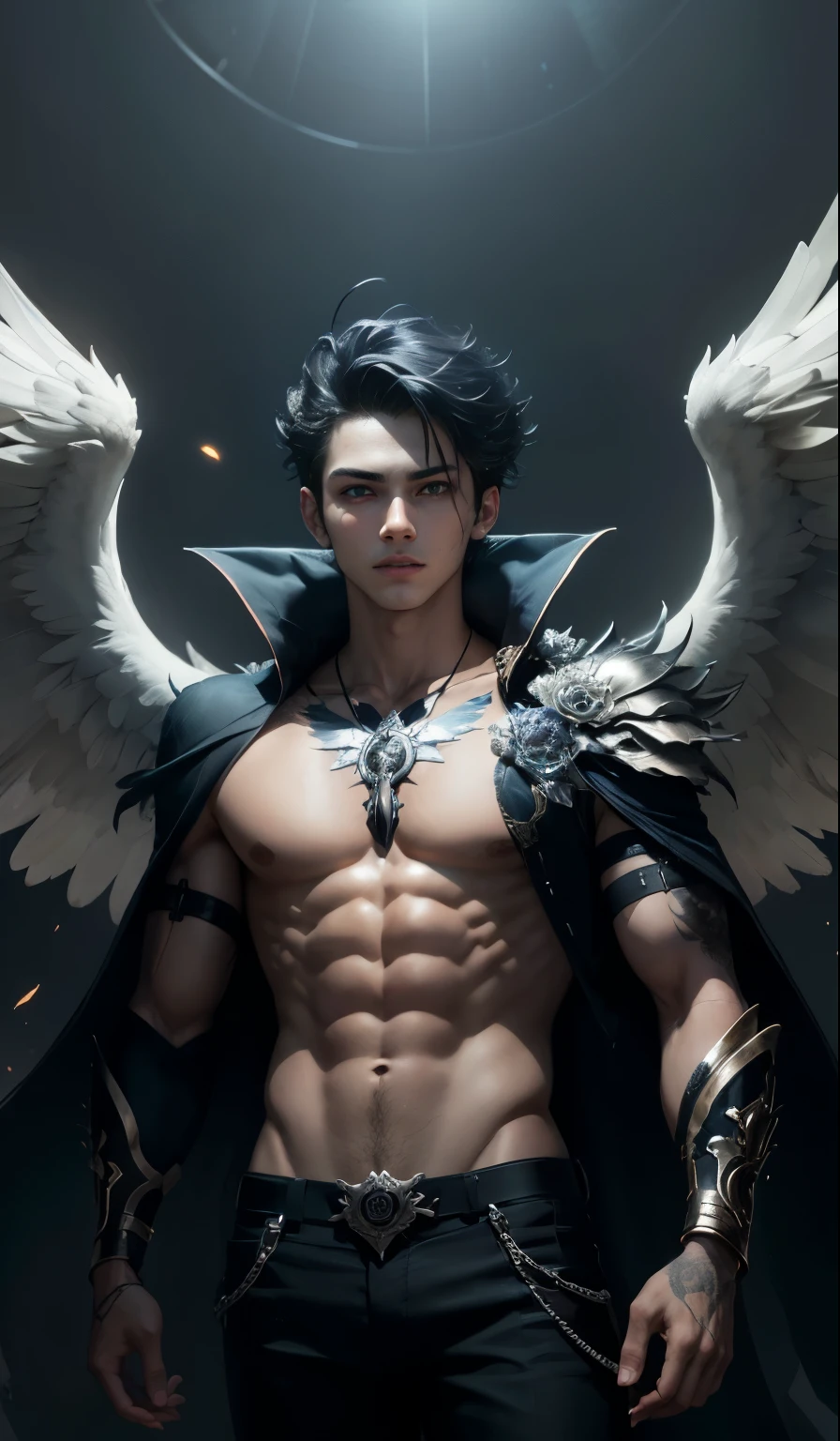 Young angel homem, just, looks like an angel, with four black wings, Eyes red, just look, dark aura