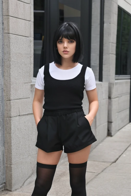 A goth girl with black shorts, long socks, shoes black, short black hair, looked angelic