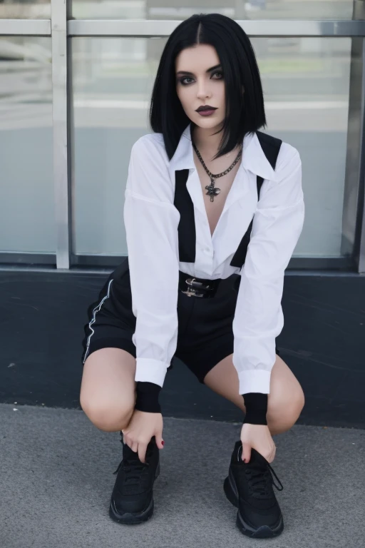 A goth girl with black shorts, long socks, shoes black, short black hair, looked angelic